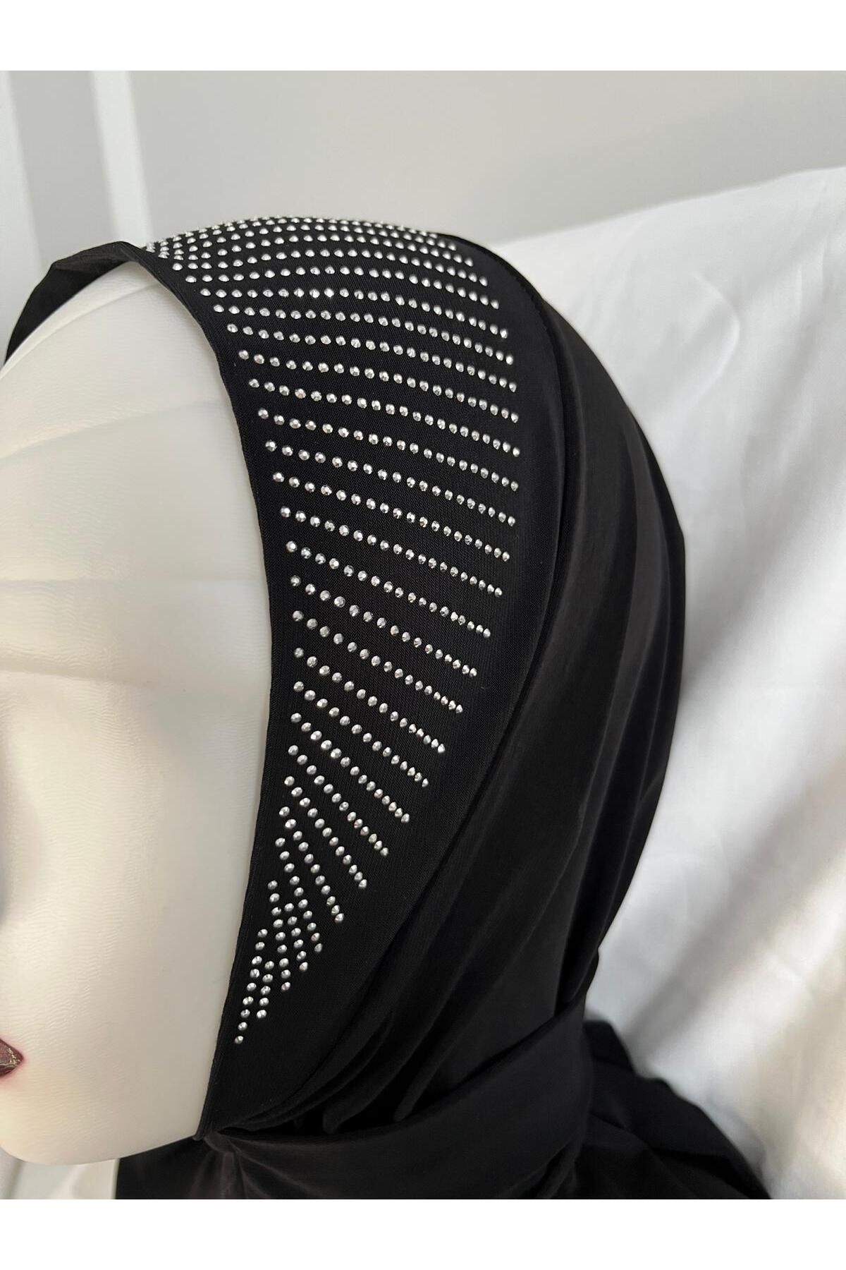 BERCHEM SCARF Kadın Siyah Renk Taş Detaylı Hazır Bone Şal-Işıltılı Tesettür Şal