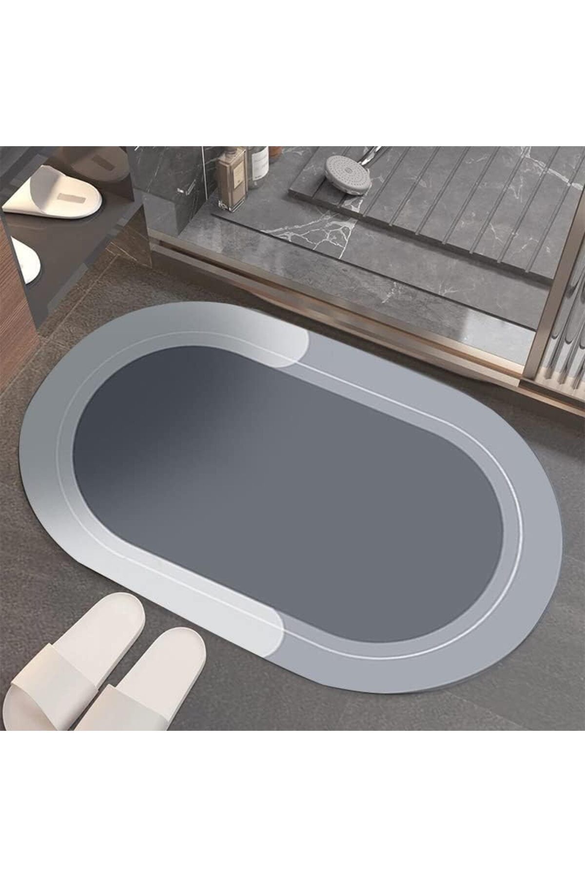 MAİN SHOP Şık Tasarım Su Emici Banyo Lavabo Tuvalet Kaymaz Tabanlı Oval Paspas 38x58 cm Yazısız Model M-60