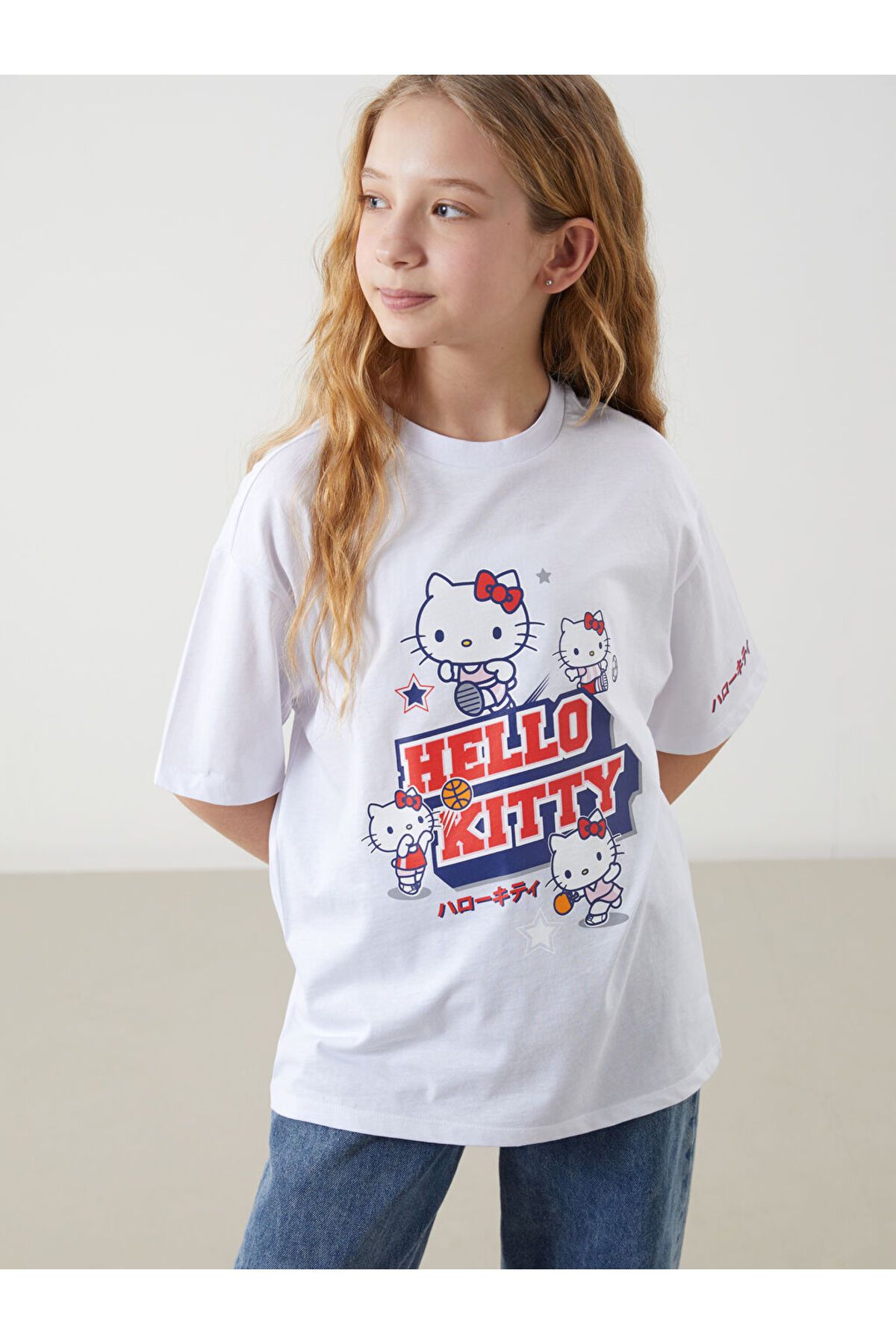 LC Waikiki LCW Kids Ekru Bisiklet Yaka Hello Kitty Baskılı Kız Çocuk Tişört S5NG56Z4NVY25