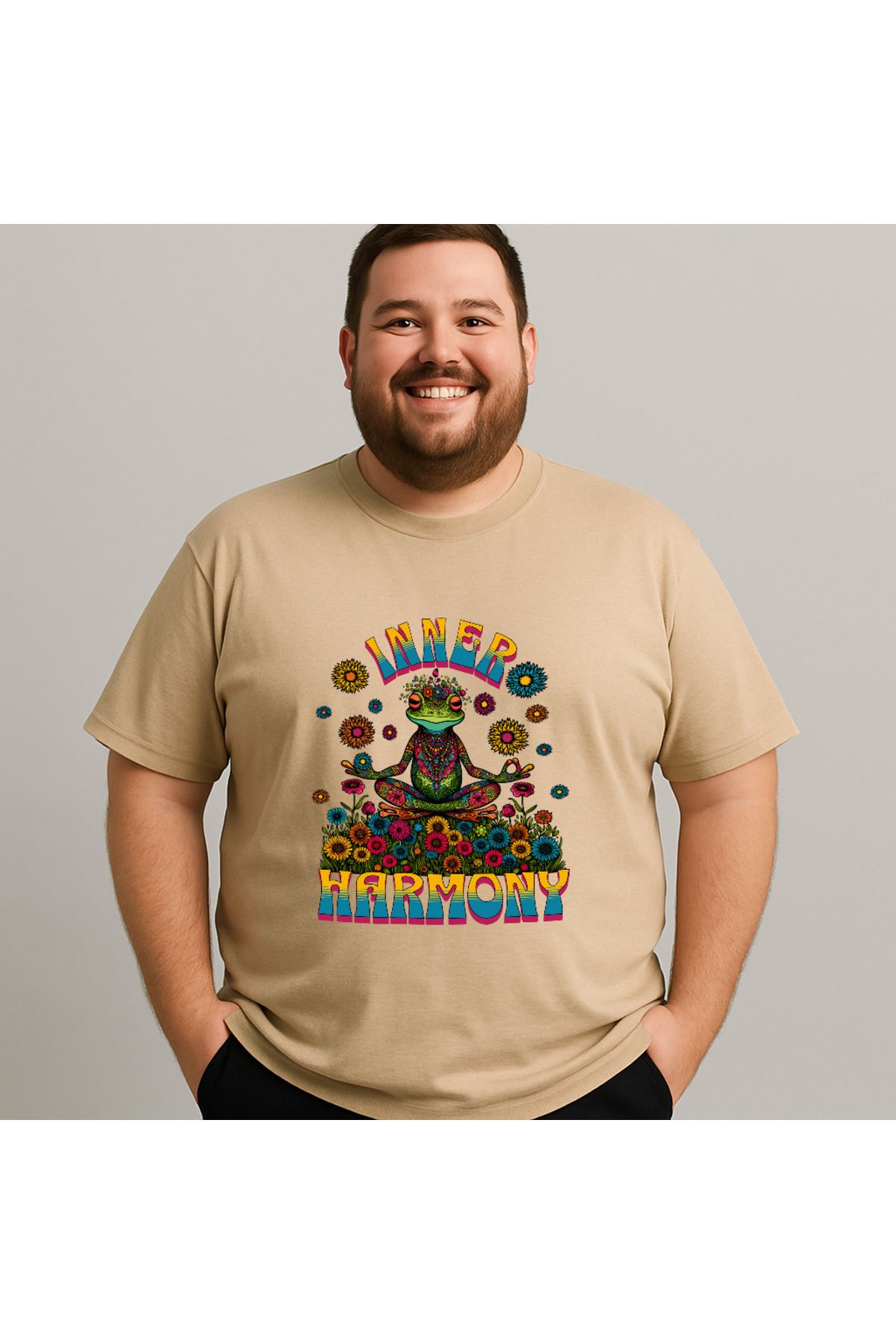 DogFish Bej InnerHarmonyMeditationfrogstreetwear Baskılı Tişört Soft Dokunuş