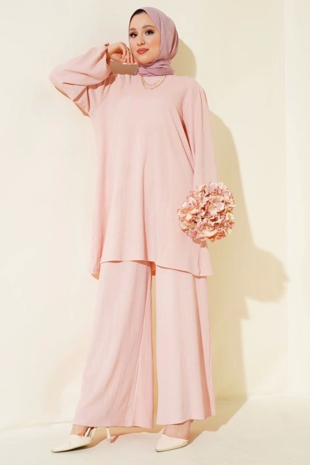 buHillco Pembe Pudra Bisiklet Yaka Bol Paça Uzun Kol Tunik Pantolon Kadın Tesettür Alt Üst Takım