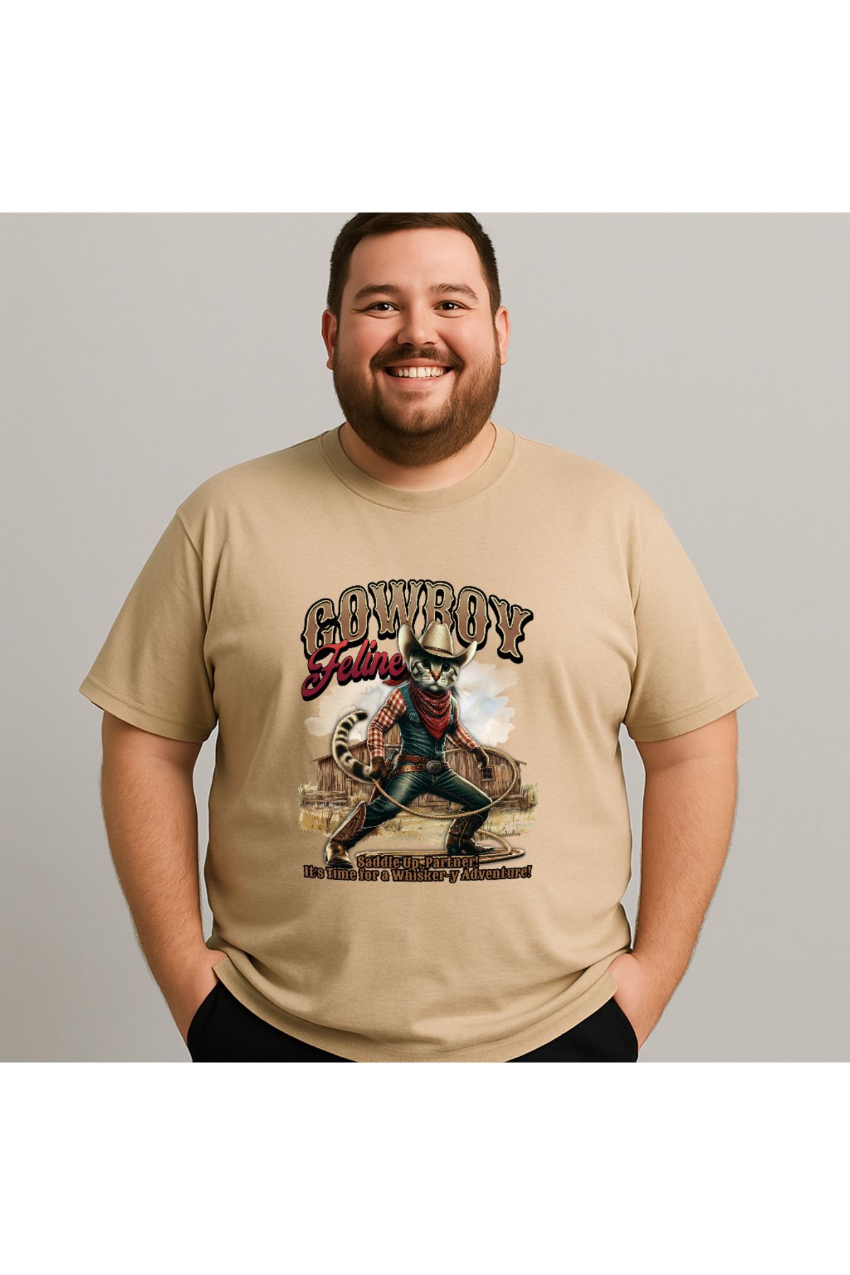 DogFish Bej CowboyCat Baskılı Tişört Gün Boyu Rahatlık