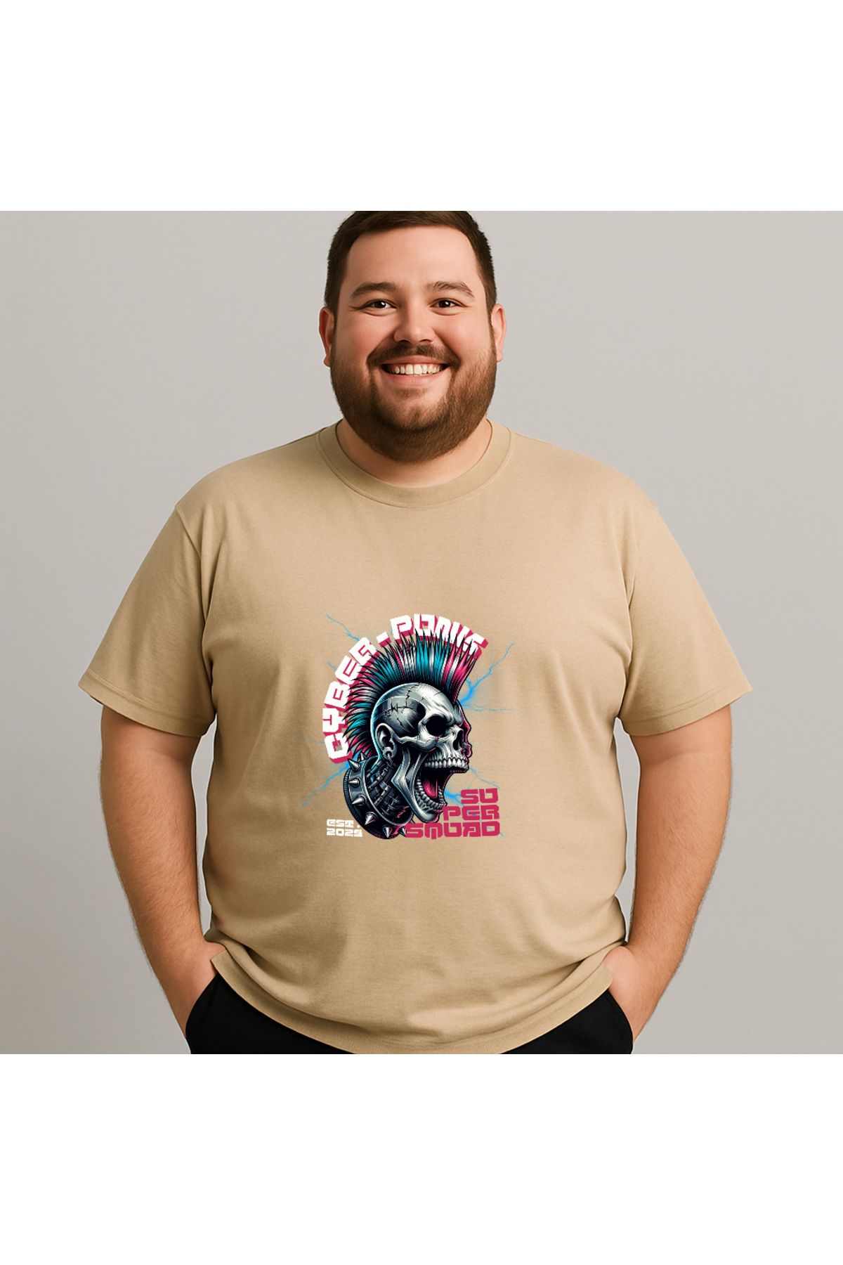 DogFish Bej CyberPunkSkull Baskılı Tişört Soft Dokunuş
