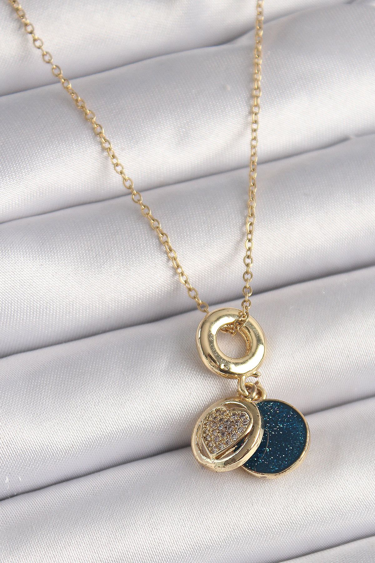 Angel Of Life 316L Çelik Gold Renk Zincir Zirkon Taşlı Kalp Model Mavi Simli Kadın Kolye - TJ-BKO9640