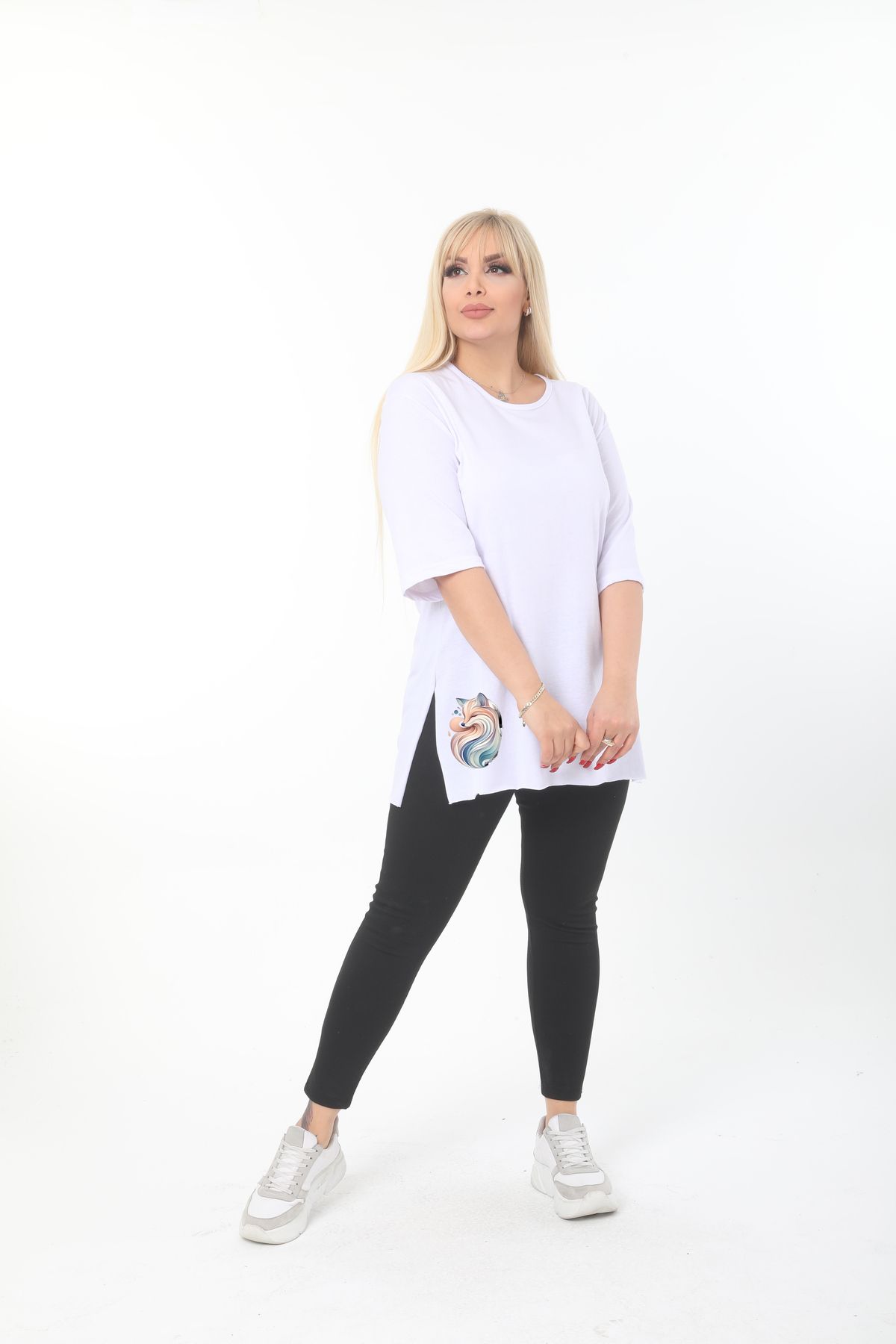 ÇİFTXL Büyük Beden Örme Viskon Beyaz Baskılı Salas T-shirt