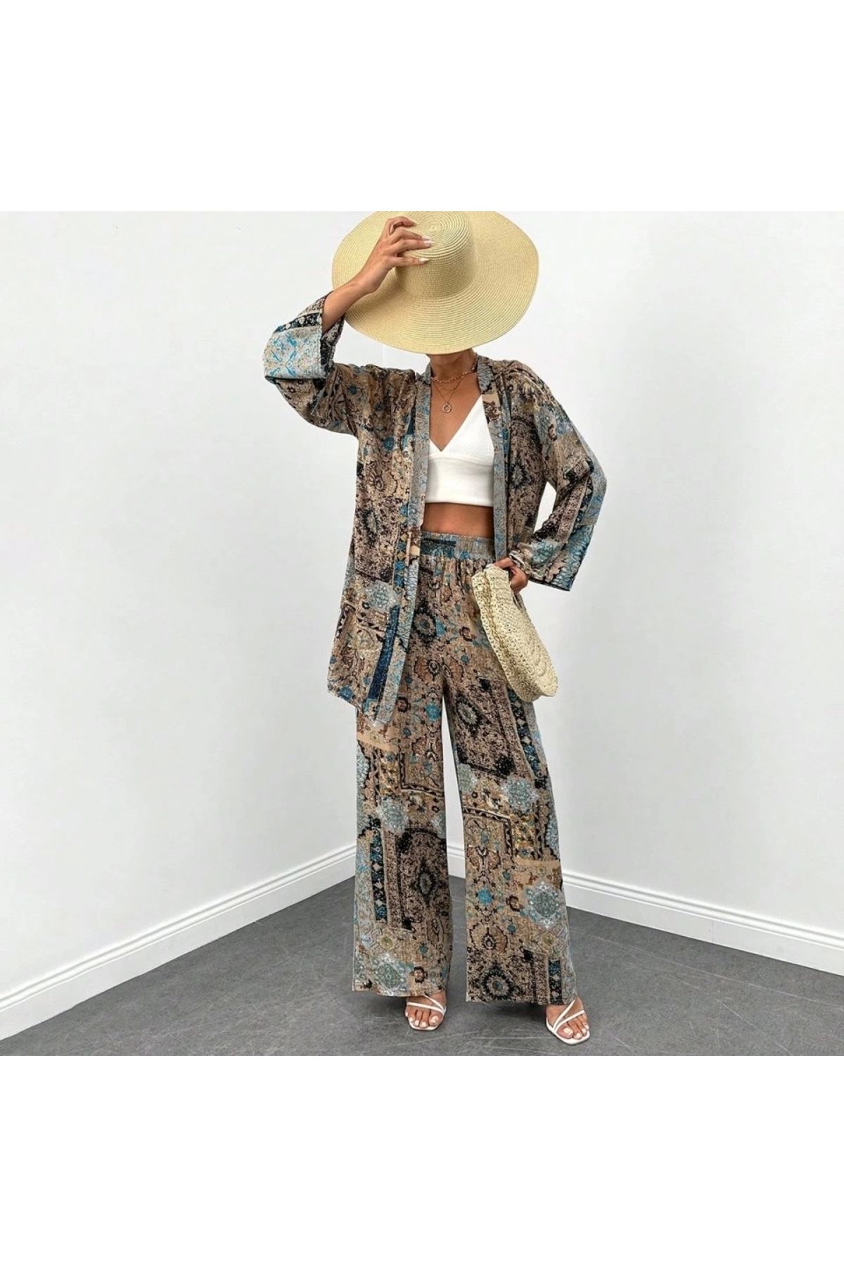 buHillco Kadın Bej Boho Desenli Uzun Kollu Önü Açık Bol Kesim Kimono Takım