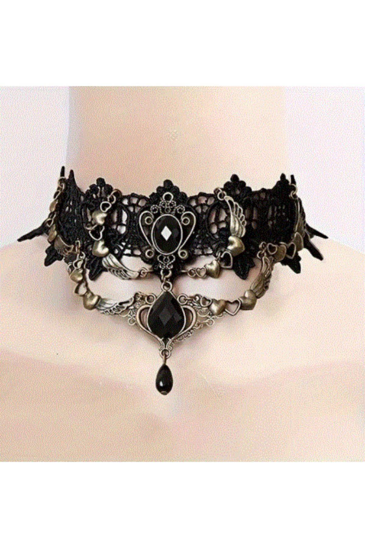 modares Vintage Siyah Dantel Gotik Kolye - Dantel Choker Kolye Ayarlanabilir Zincir,