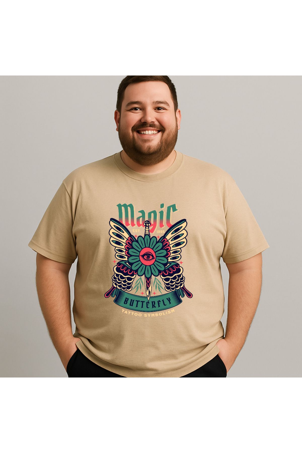 DogFish Bej MagicButterflySword Baskılı Tişört Tarzın Tamamlayıcısı