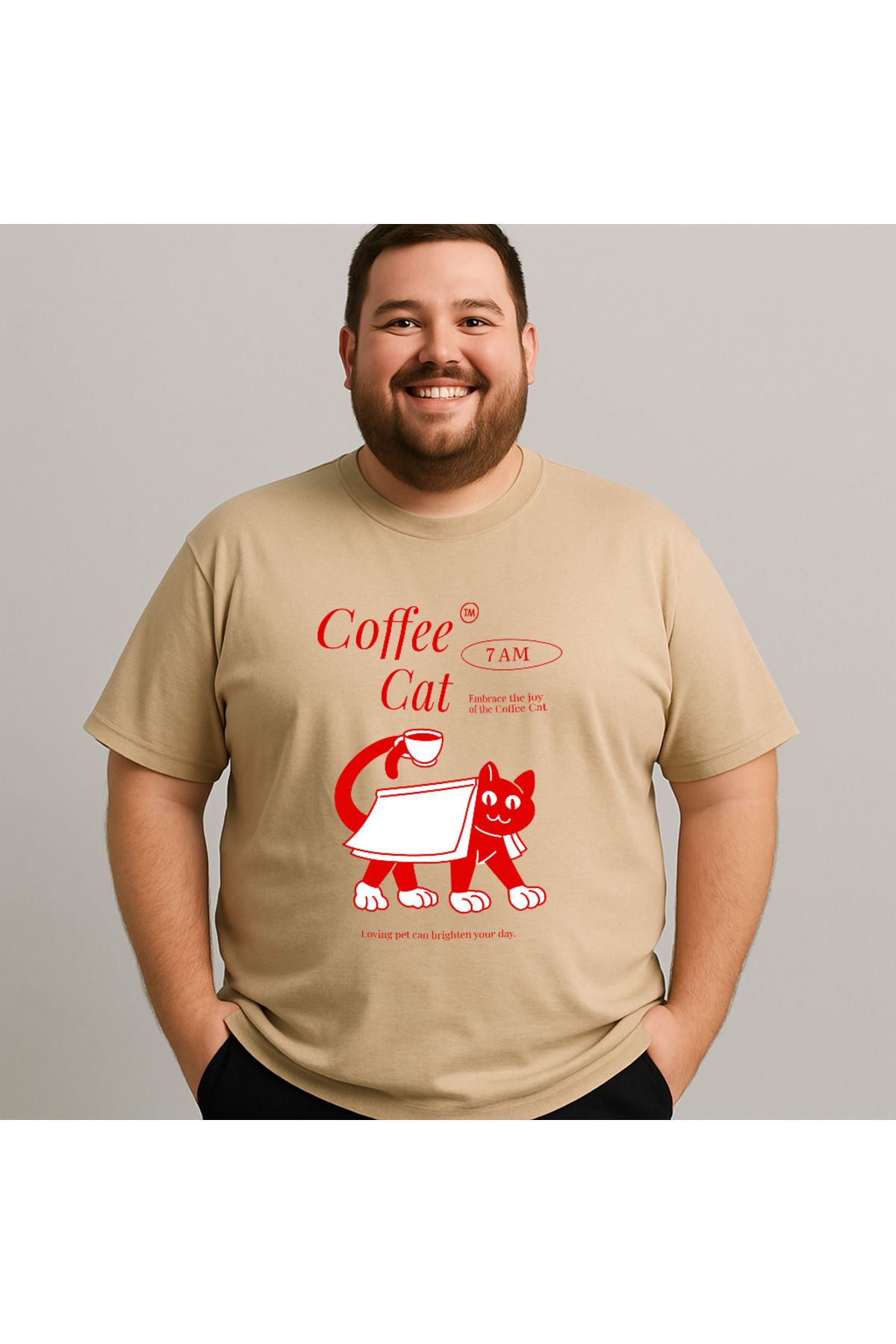 DogFish Bej CoffeeCatTShirt Baskılı Tişört %100 Pamuk Konforu