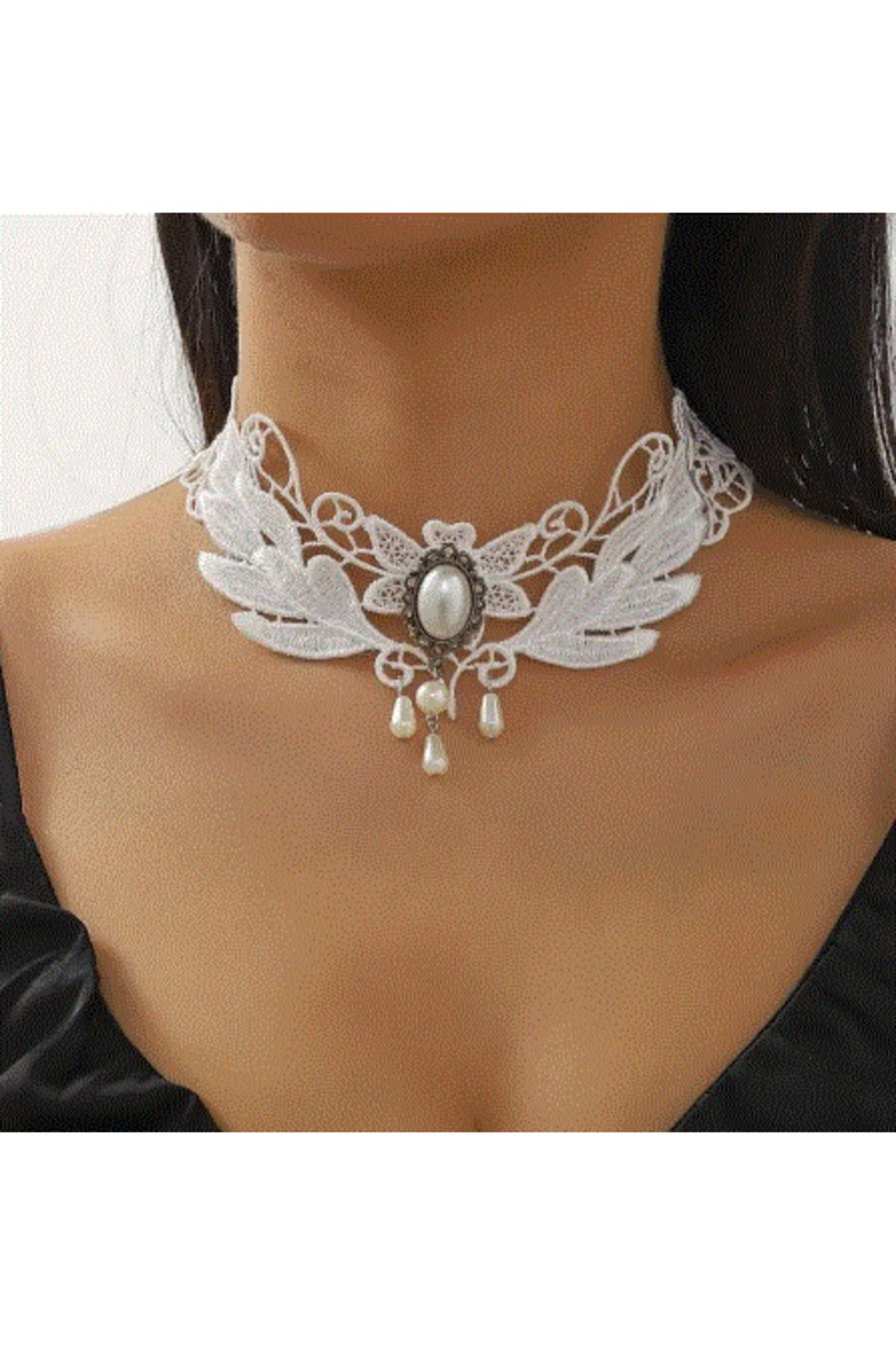 modares Vintage Siyah Dantel Gotik Kolye - Dantel Choker Kolye Ayarlanabilir Zincir,