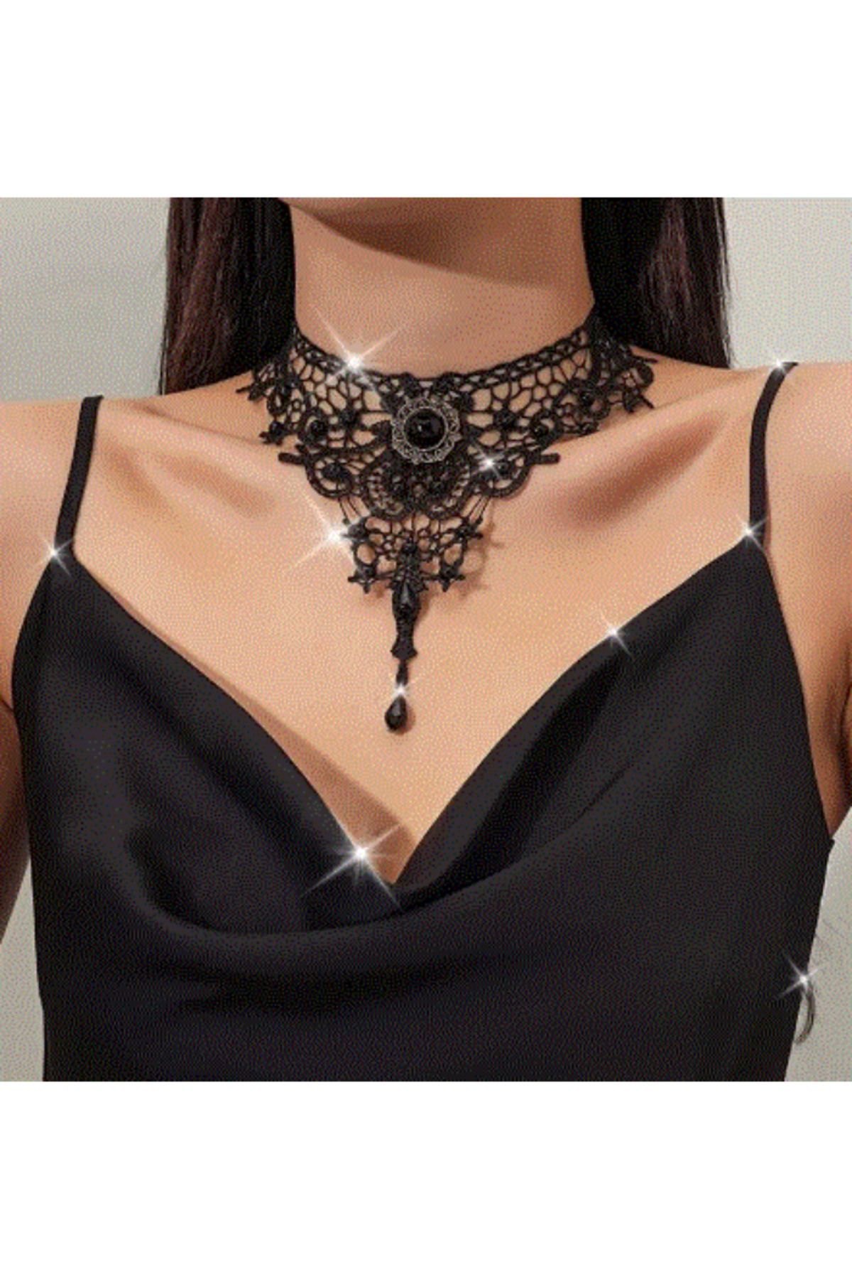 modares Vintage Siyah Dantel Gotik Kolye - Dantel Choker Kolye Ayarlanabilir Zincir,