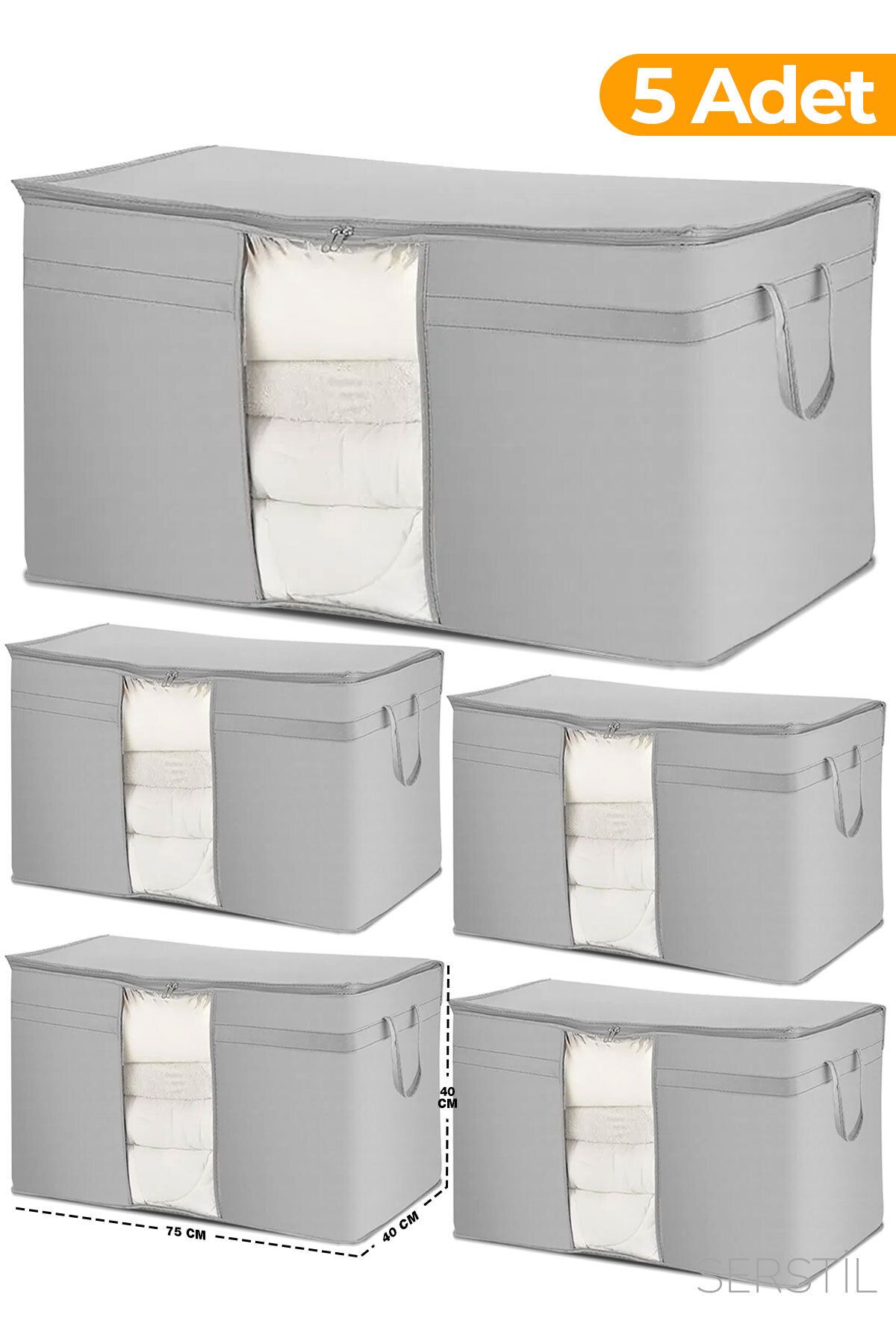 teknotrust 5 Adet Pencereli Yastık Yorgan Hurcu 75x40x40 cm Antrasit Set