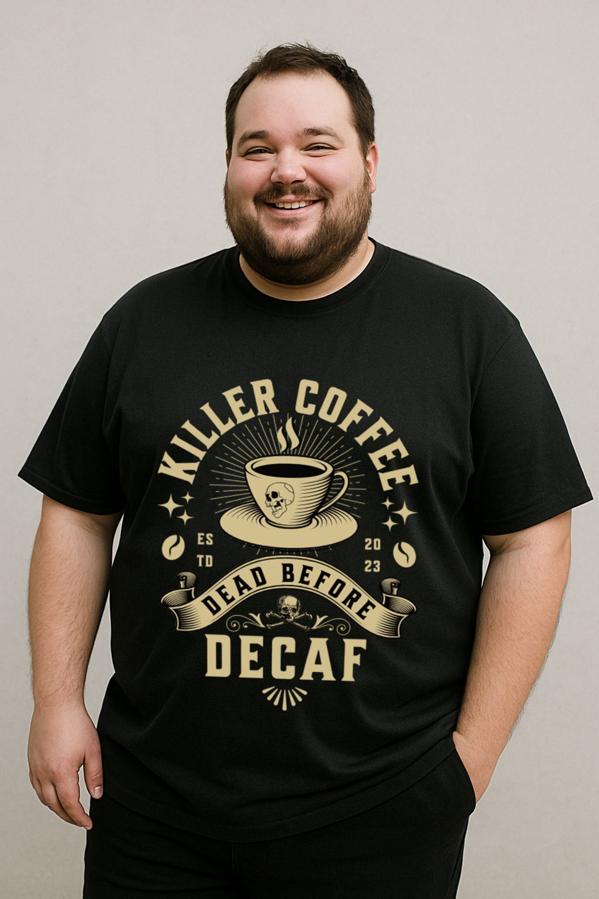 DogFish Siyah DEADBEFOREDECAF Baskılı Tişört Tarzın Tamamlayıcısı
