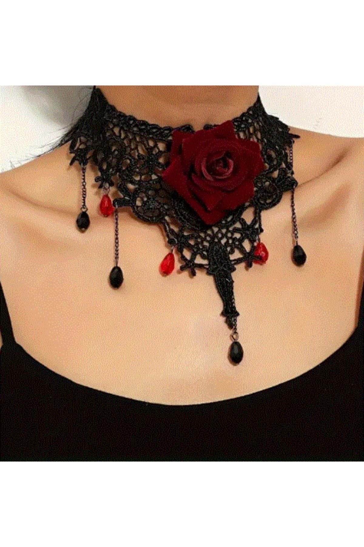 modares Vintage Siyah Dantel Gotik Kolye - Dantel Choker Kolye Ayarlanabilir Zincir,