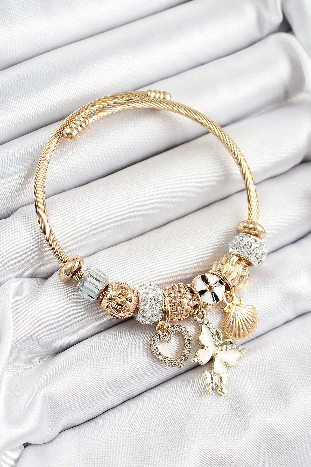 Clariss 316L Çelik Beyaz Zirkon Taşlı Kalp Kelebek Ve İstiridye Model Gold Renk Charm Bileklik