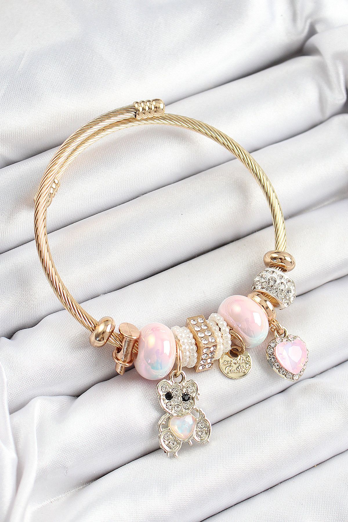 Clariss 316L Çelik Pembe Zirkon Taşlı Ayıcık Ve Kalp Model Gold Renk Charm Bileklik