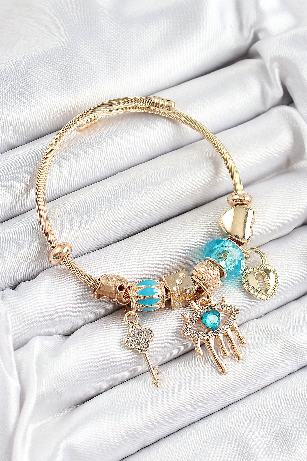 Clariss 316L Çelik Mavi Zirkon Taşlı Kilit Göz Ve Anahtar Model Gold Renk Charm Bileklik