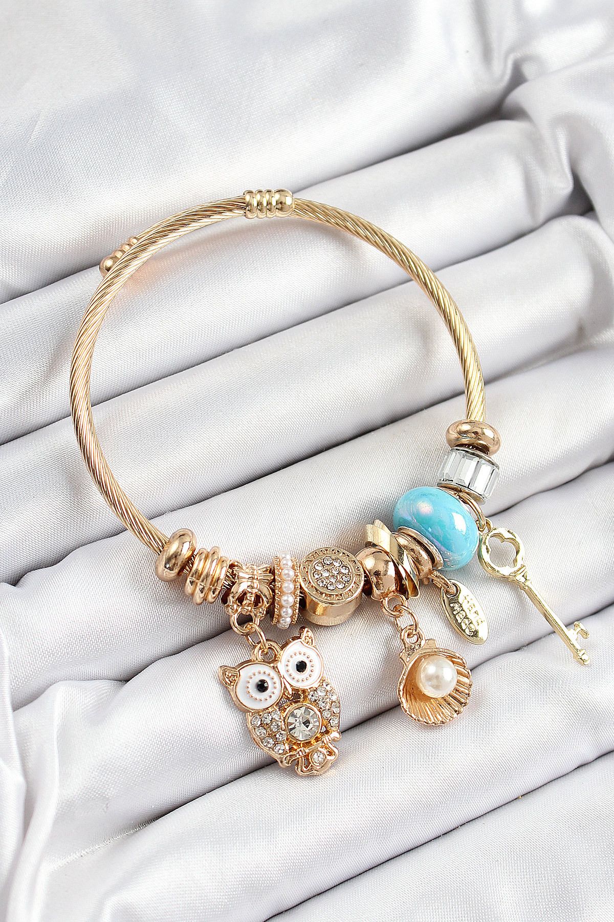 Clariss 316L Çelik Mavi Zirkon Taşlı Baykuş İstiridye Ve Anahtar Model Gold Renk Charm Bileklik