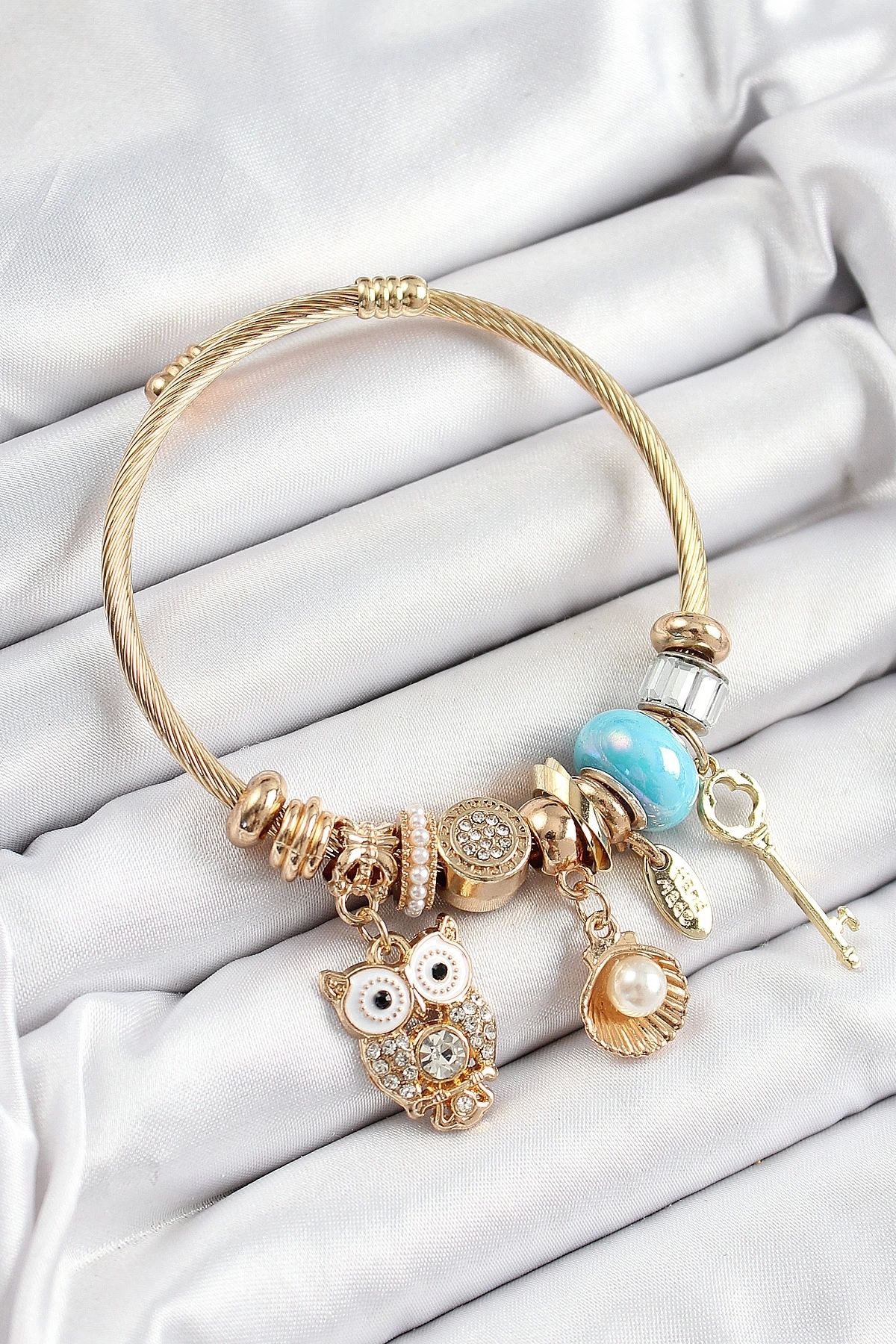 GLIMMERY 316L Çelik Mavi Zirkon Taşlı Baykuş İstiridye Ve Anahtar Model Gold Renk Charm Bileklik