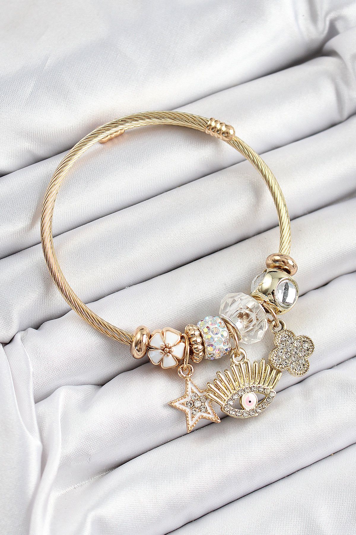 Clariss 316L Çelik Beyaz Zirkon Taşlı Yıldız Göz Ve Yonca Model Gold Renk Charm Bileklik