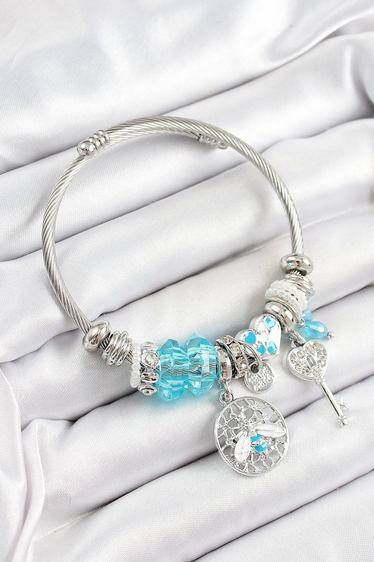 GLIMMERY 316L Çelik Mavi Zirkon Taşlı Baykuş Arı Ve Anahtar Model Gümüş Renk Charm Bileklik