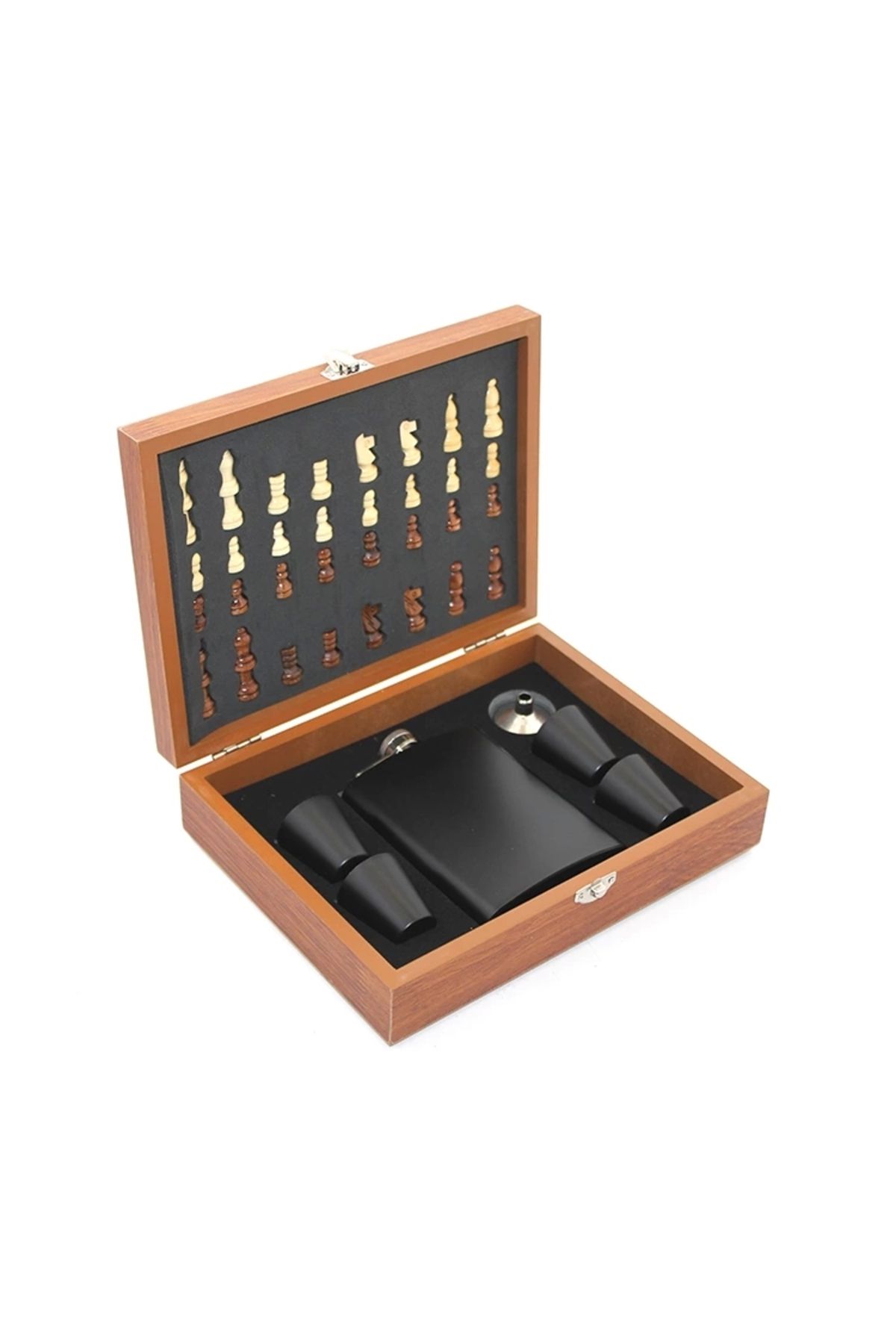 shop Ahşap Kutulu Satrançlı Matara Seti 8 oz Siyah Renk