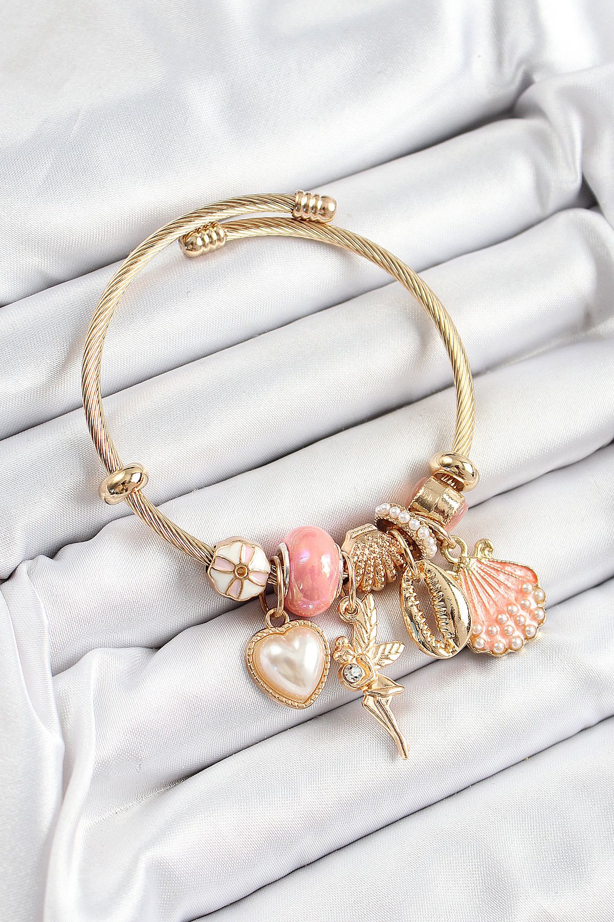 Clariss 316L Çelik Pembe Zirkon Taşlı Yıldız Melek İstiridye Ve Kalp Model Gold Renk Charm Bileklik