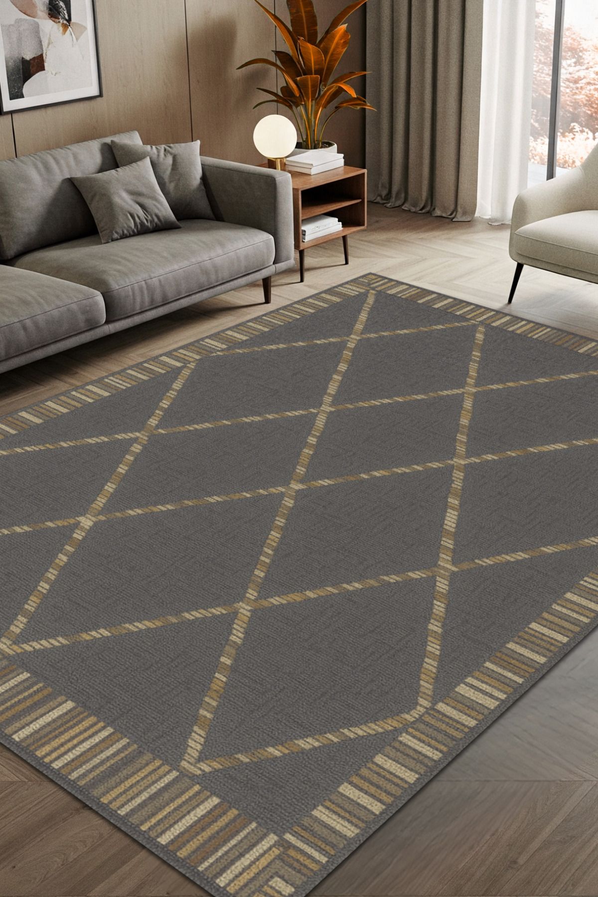 The Reef Design Kahverengi Baklava Dilimi Desenli Dijital Baskılı Dokuma Kaymaz Tabanlı Yıkanabilir Salon Halısı