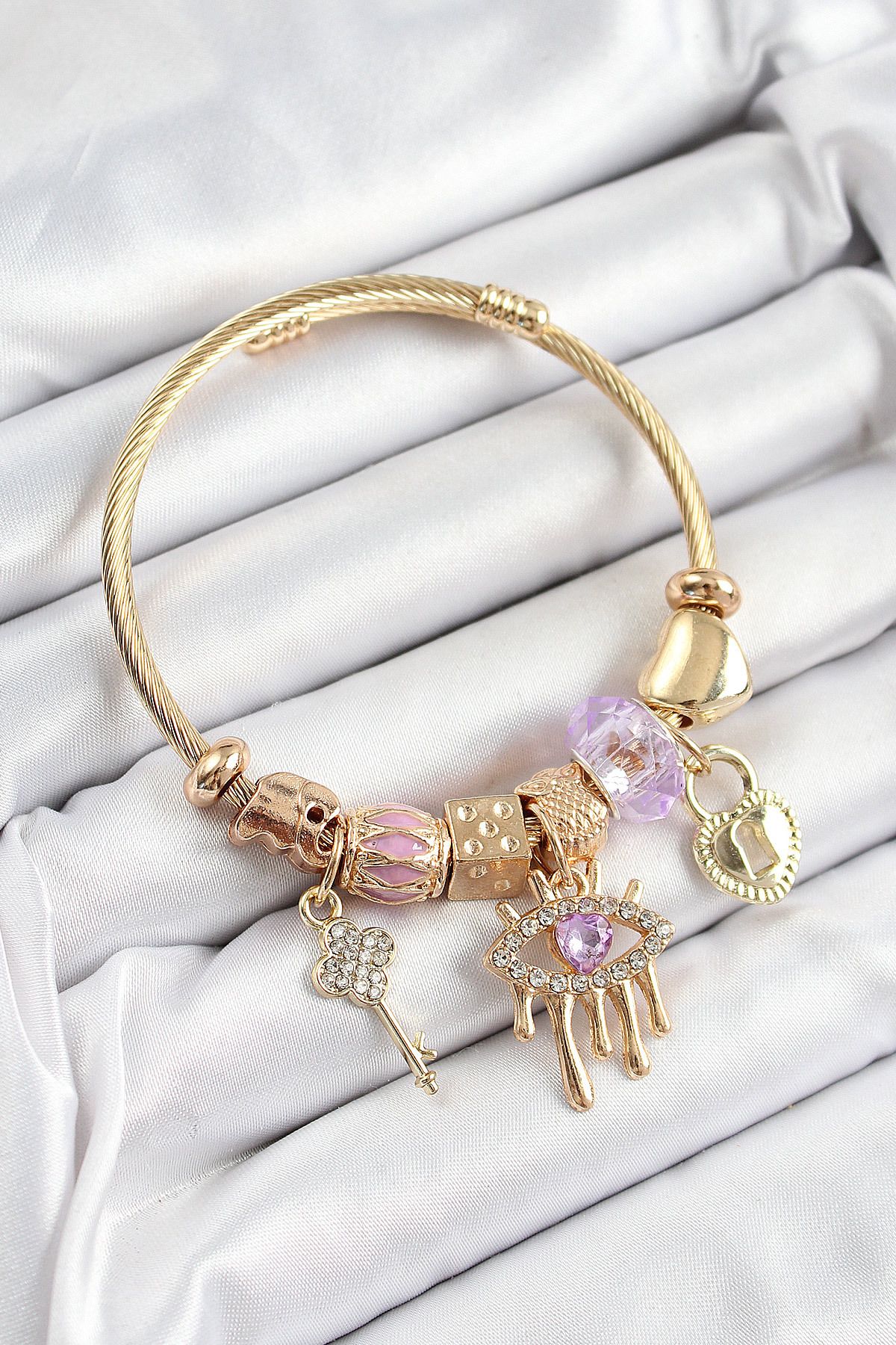 Clariss 316L Çelik Mor Zirkon Taşlı Kilit Göz Ve Anahtar Model Gold Renk Charm Bileklik
