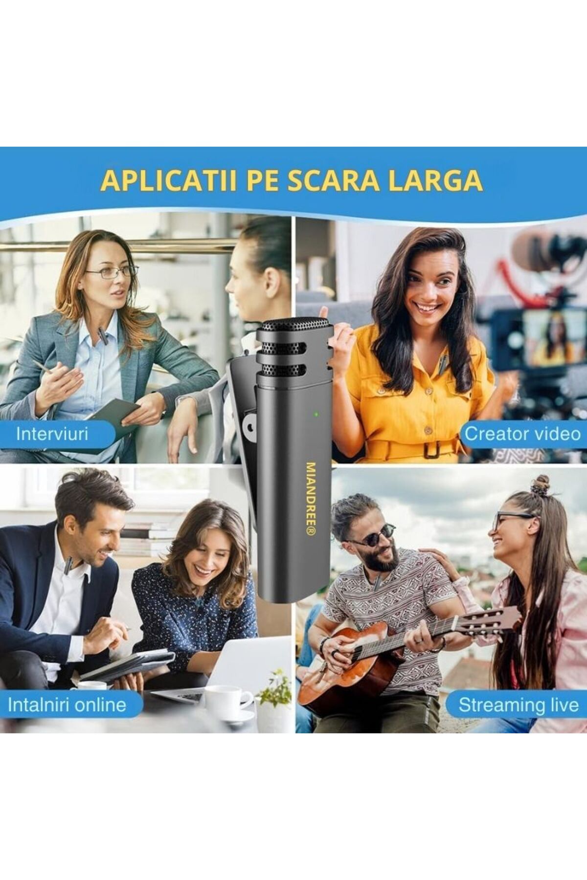 MIANDREE-Set 2 Microfoane Profesionale Lavaliera, MIANDREE®, USB C, 3.5 Jack, Lightning, WiFi, 2.4 GHz 8