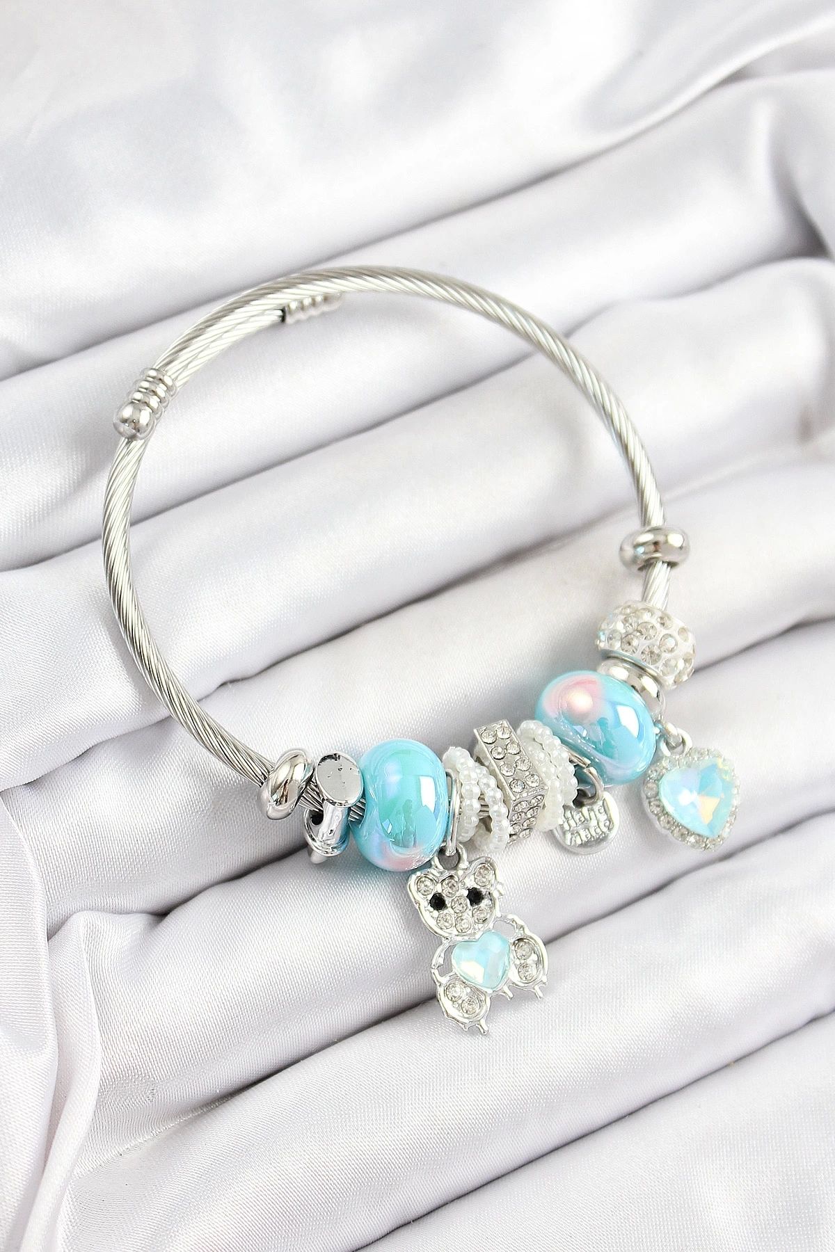 GLIMMERY 316L Çelik Mavi Zirkon Taşlı Ayıcık Ve Kalp Model Gümüş Renk Charm Bileklik