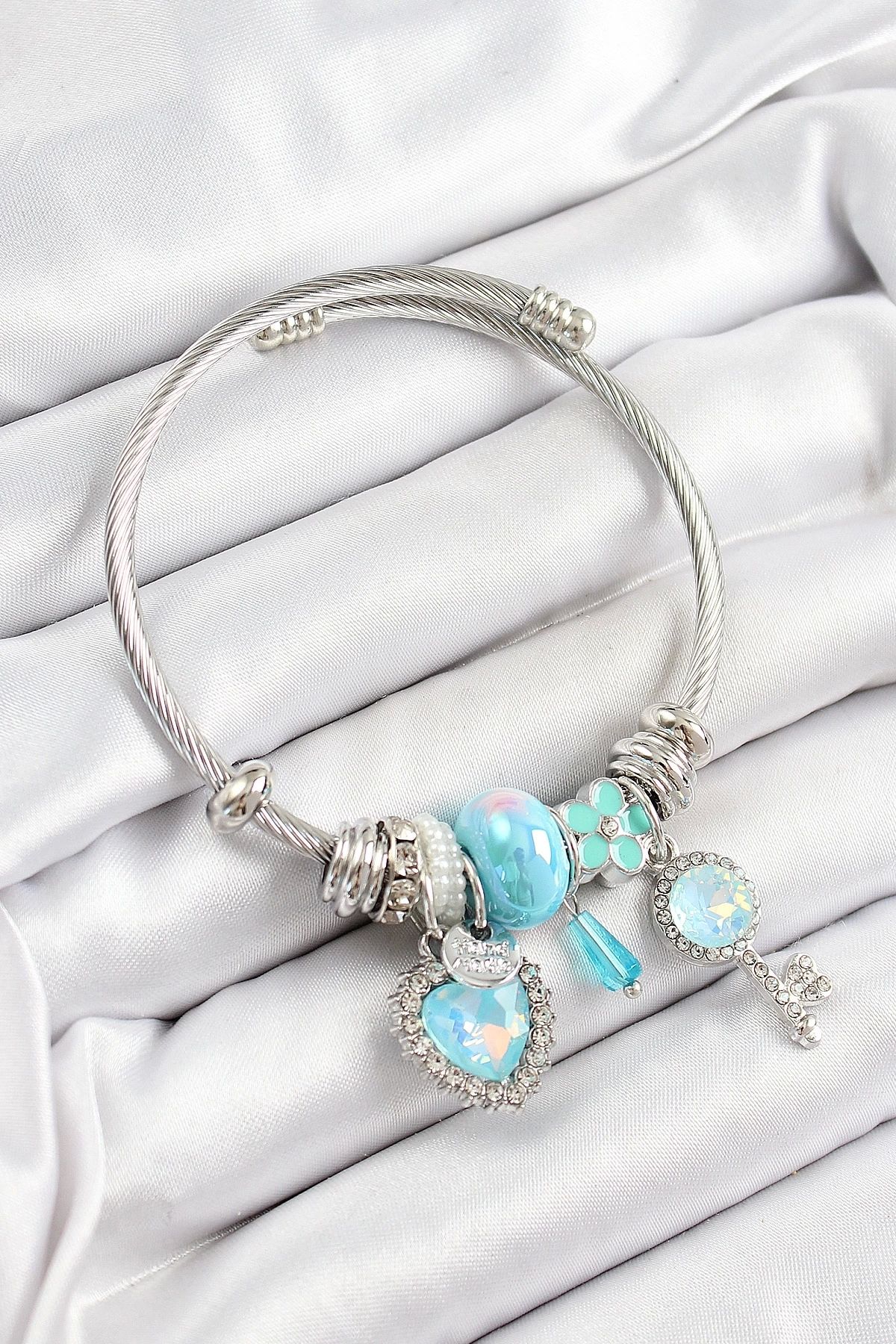 GLIMMERY 316L Çelik Mavi Zirkon Taşlı Yıldız Anahtar Ve Kalp Model Gümüş Renk Charm Bileklik
