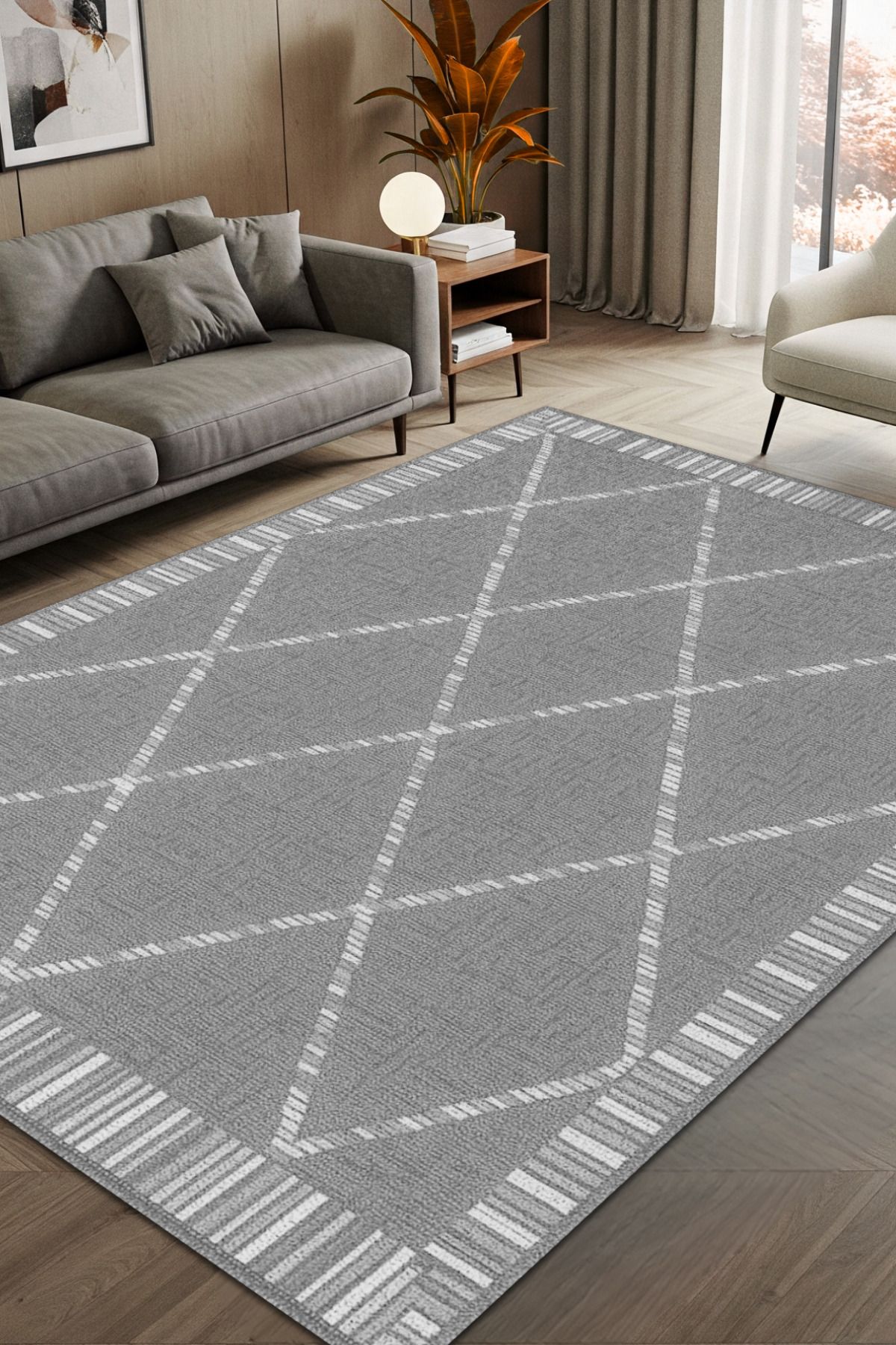 The Reef Design Gri Baklava Dilimi Desenli Dijital Baskılı Dokuma Kaymaz Tabanlı Yıkanabilir Oturma Odası Halısı