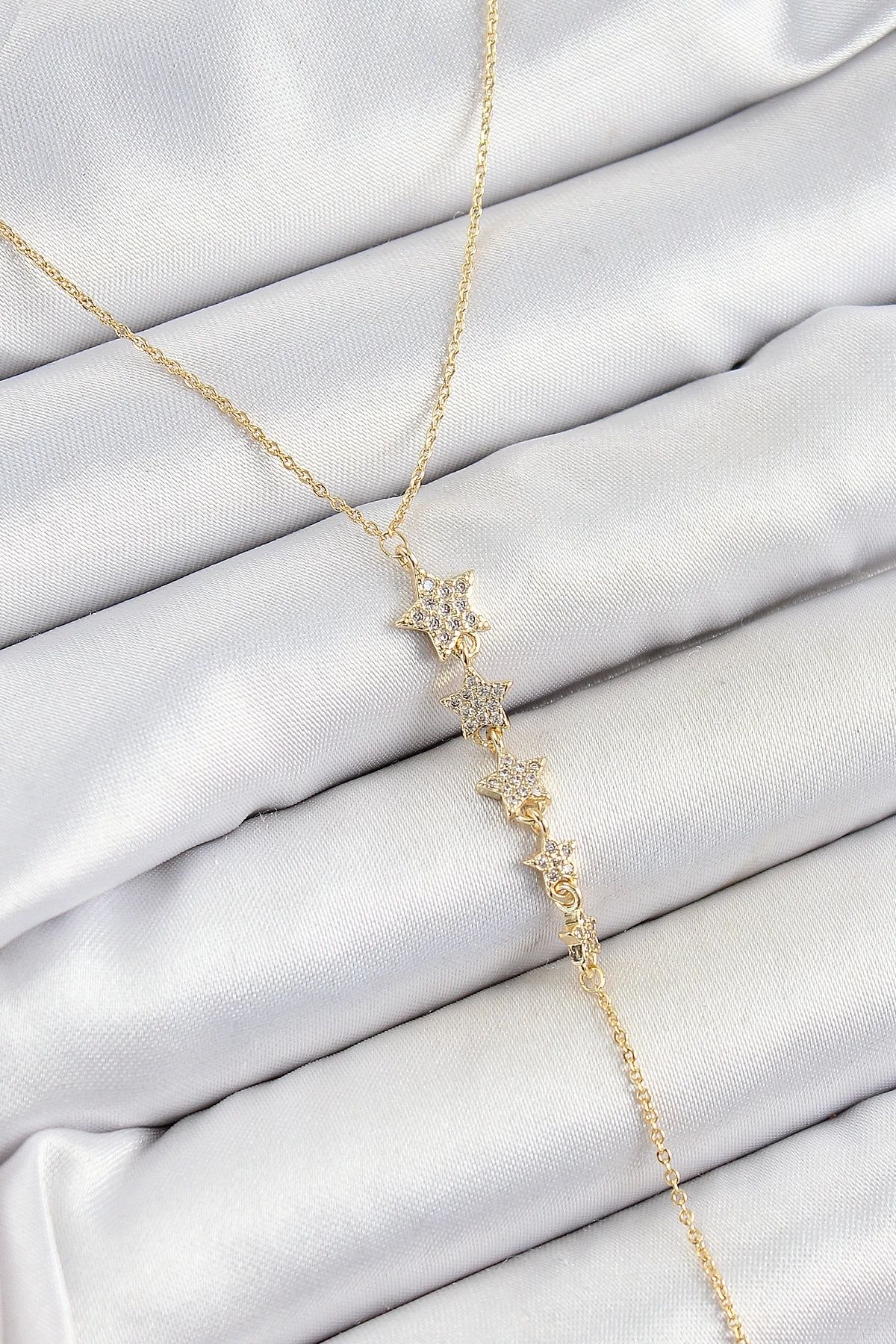 GLIMMERY Pirinç Zirkon Taşlı Sıralı Yıldız Figürlü Y Model Gold Renk Kadın Kolye