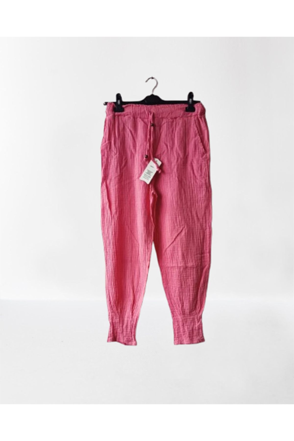 Namaste Vintage Pembe renk beli bağcıklı cepli müslin pantolon (%100 Pamuk)
