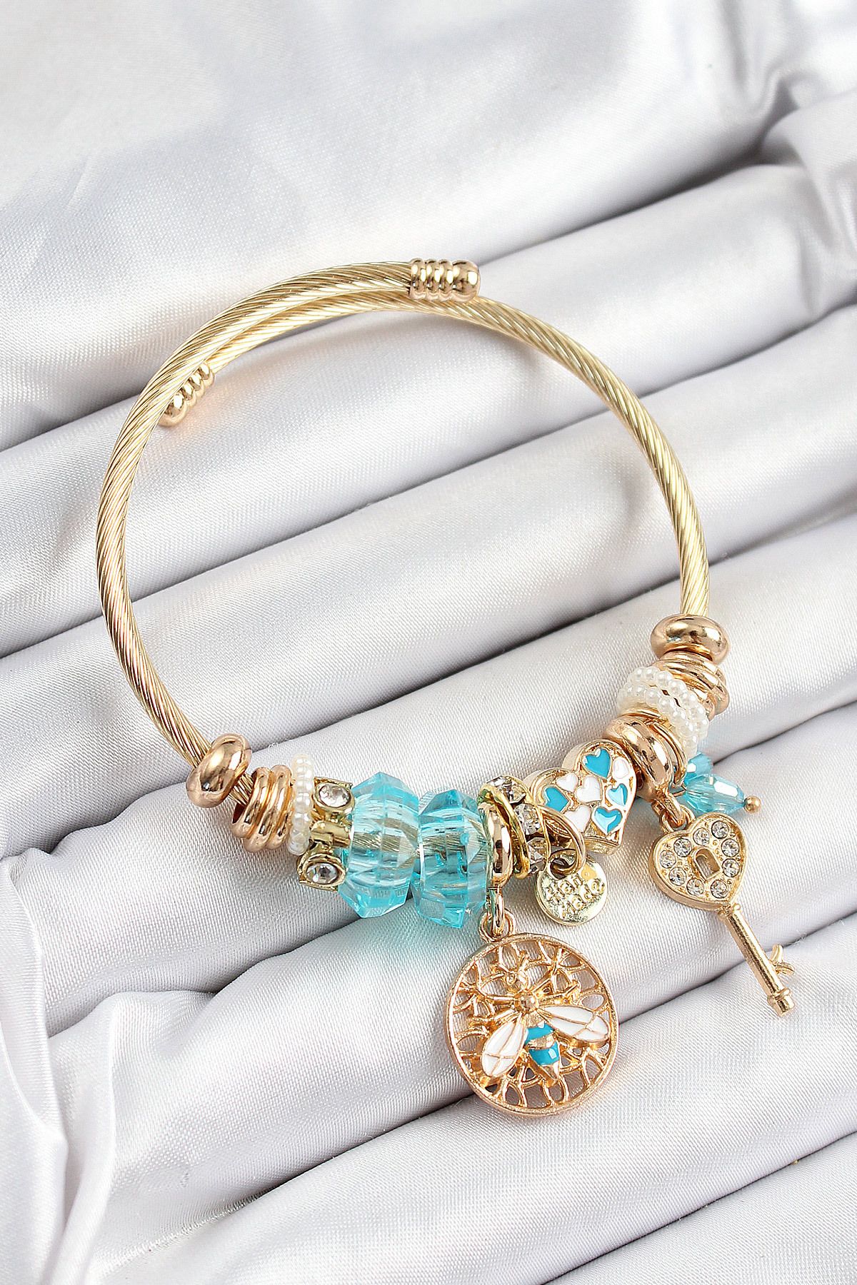 Clariss 316L Çelik Mavi Zirkon Taşlı Baykuş Arı Ve Anahtar Model Gold Renk Charm Bileklik