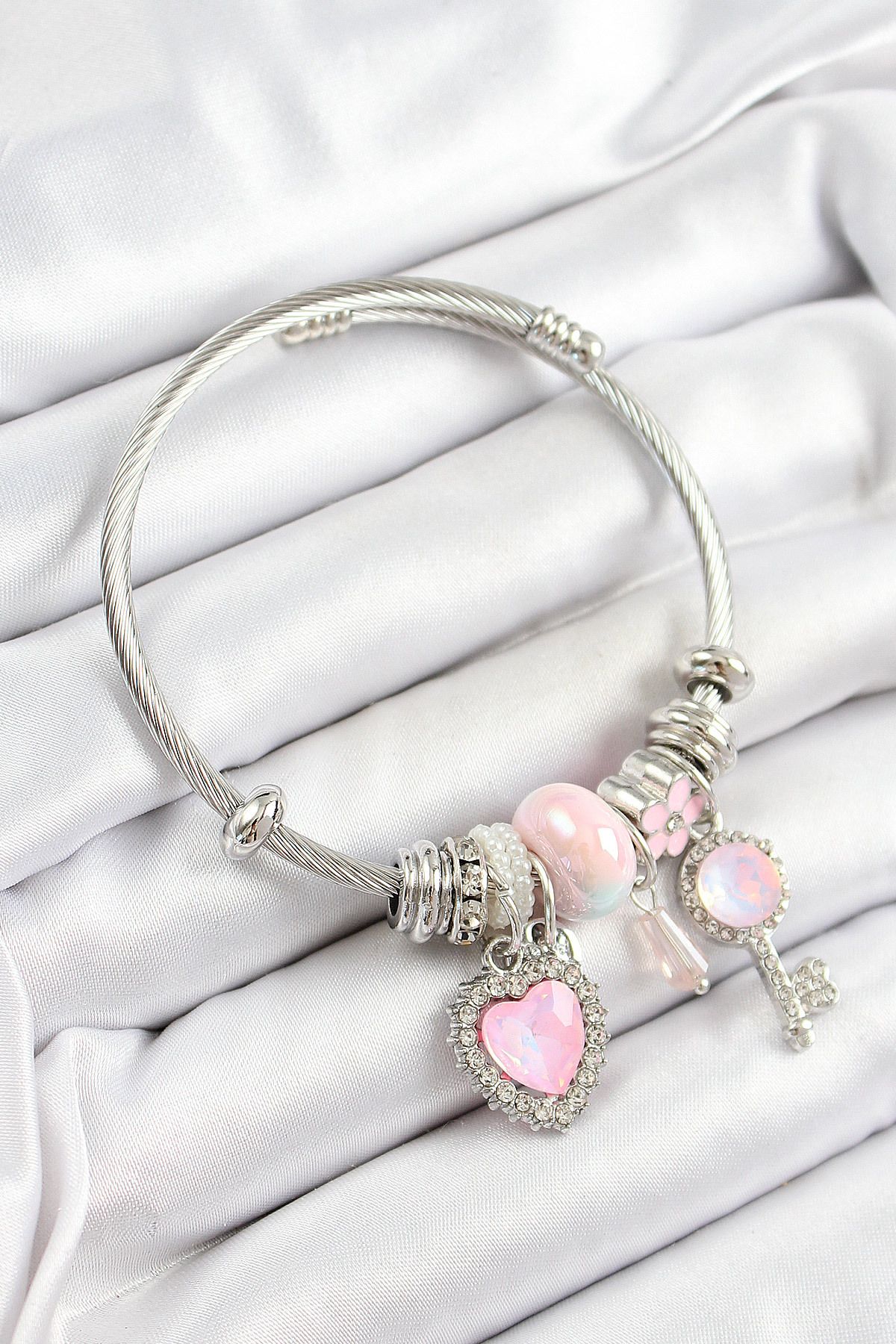 Clariss 316L Çelik Pembe Zirkon Taşlı Yıldız Anahtar Ve Kalp Model Gümüş Renk Charm Bileklik