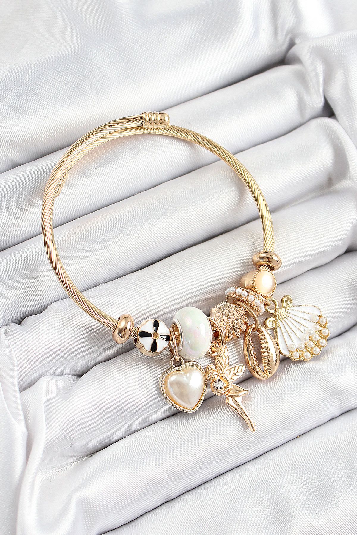 Clariss 316L Çelik Beyaz Zirkon Taşlı Yıldız Melek İstiridye Ve Kalp Model Gold Renk Charm Bileklik