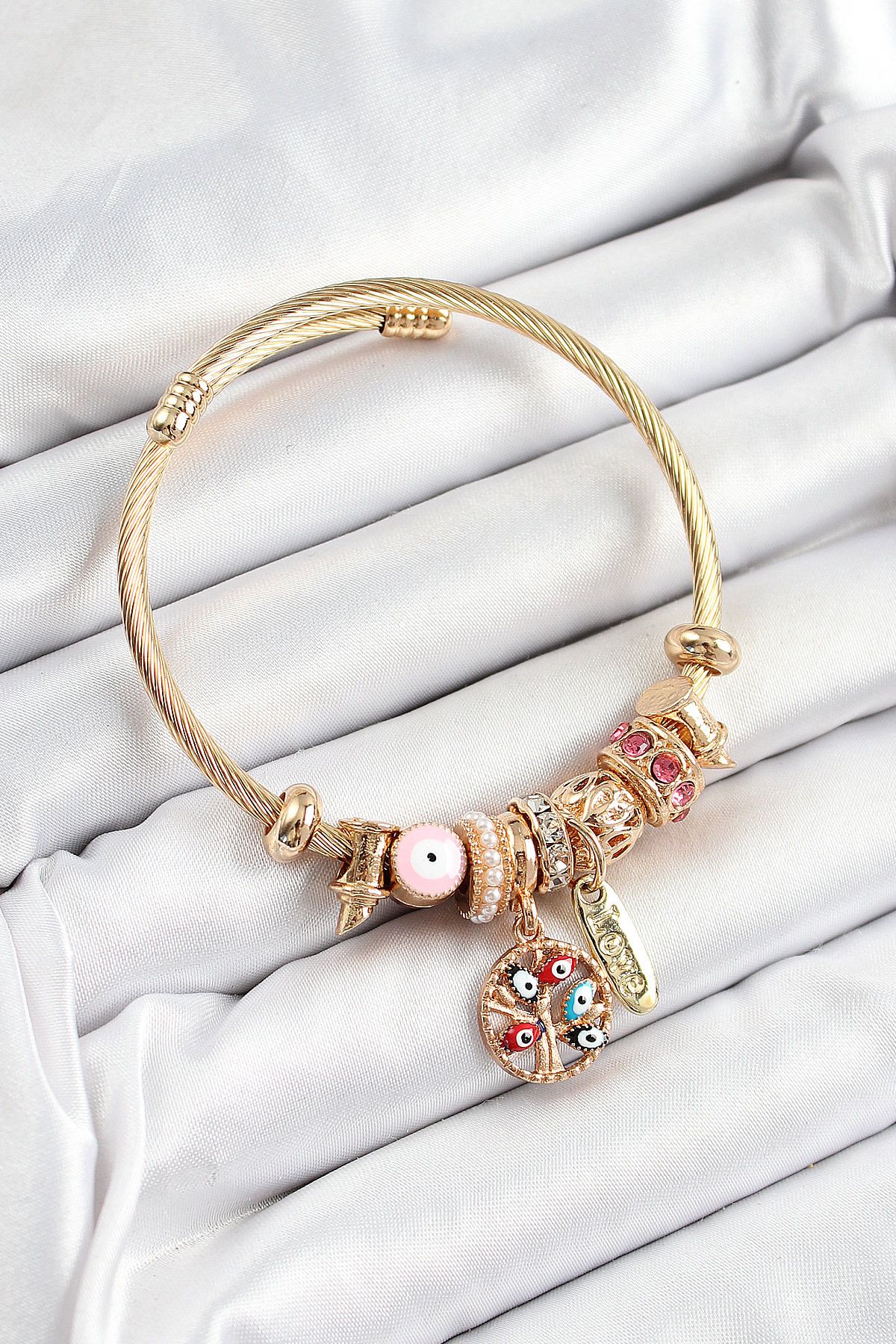 Clariss 316L Çelik Pembe Nazarlı Zirkon Taşlı İnci Detaylı Hayat Ağacı Model Gold Renk Charm Bileklik
