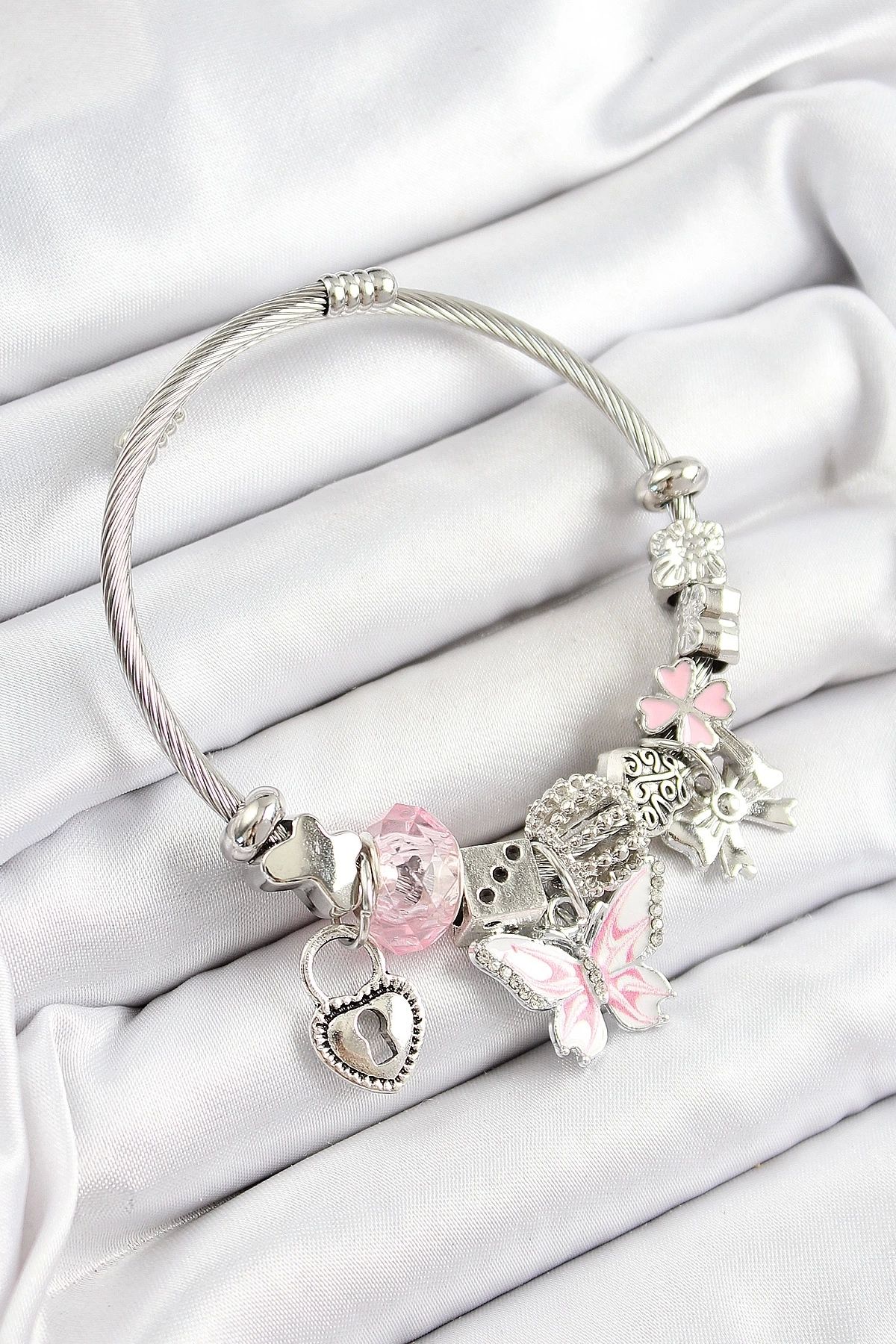 GLIMMERY 316L Çelik Pembe Zirkon Taşlı Kelebek Fiyonk Ve Kilit Model Gümüş Renk Charm Bileklik
