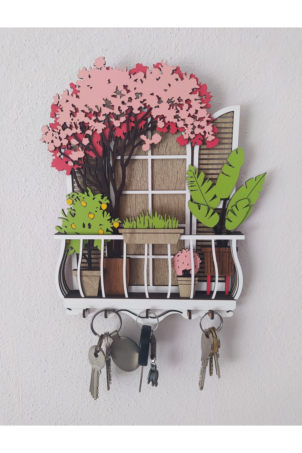 Home Ahşap Dekoratif Çiçekli Balkon Temalı Anahtarlık Askılığı