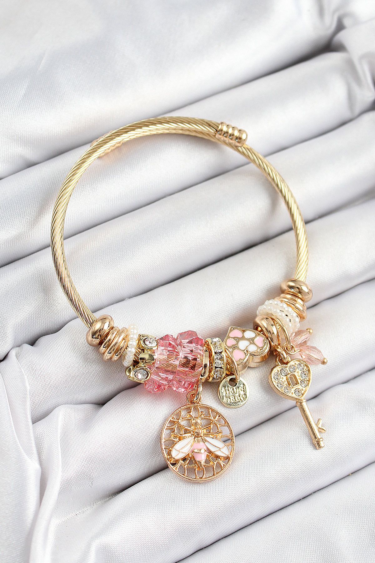 Clariss 316L Çelik Pembe Zirkon Taşlı Baykuş Arı Ve Anahtar Model Gold Renk Charm Bileklik