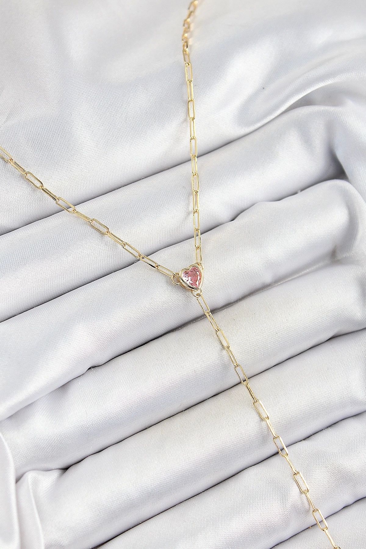 GLIMMERY Pirinç Zirkon Taşlı Pembe Kalp Figürlü Y Model Gold Renk Kadın Kolye