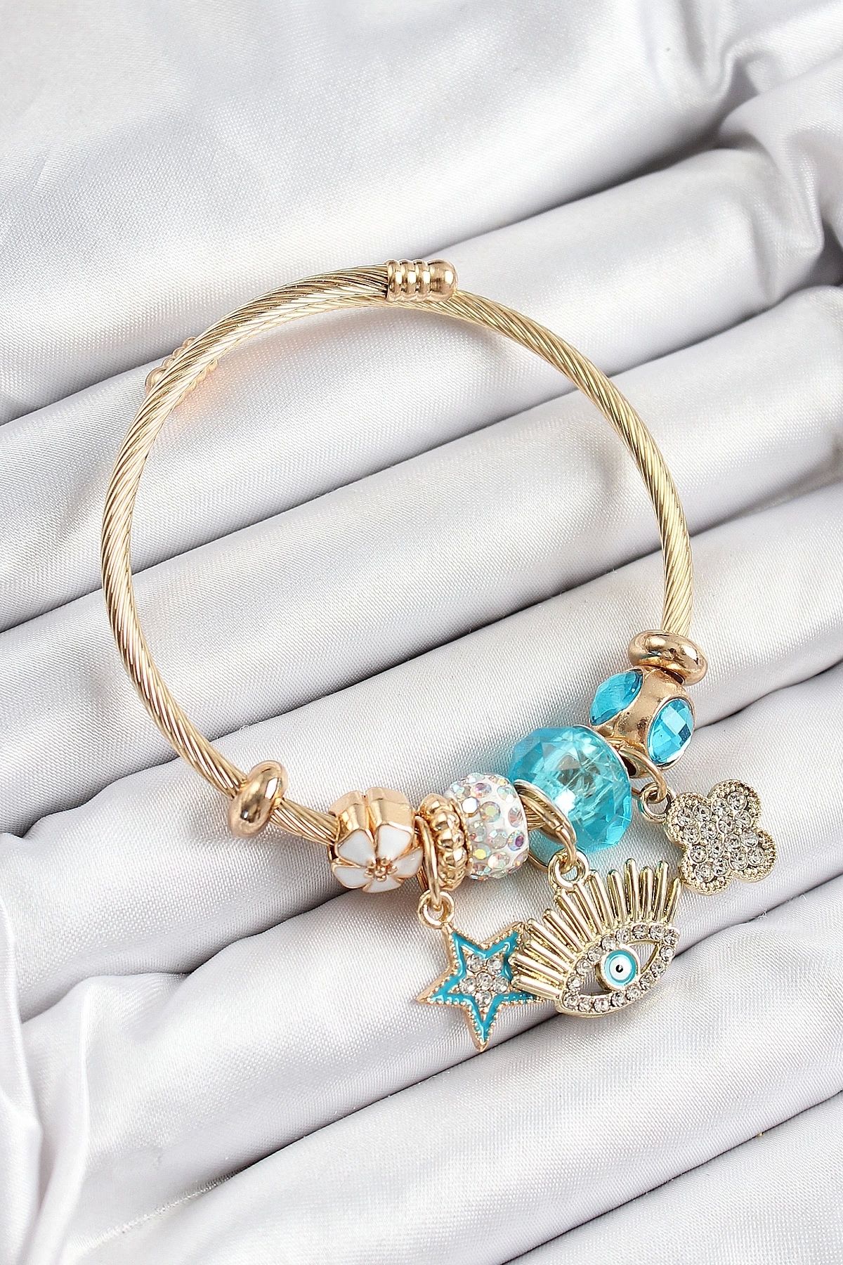 GLIMMERY 316L Çelik Mavi Zirkon Taşlı Yıldız Göz Ve Yonca Model Gold Renk Charm Bileklik