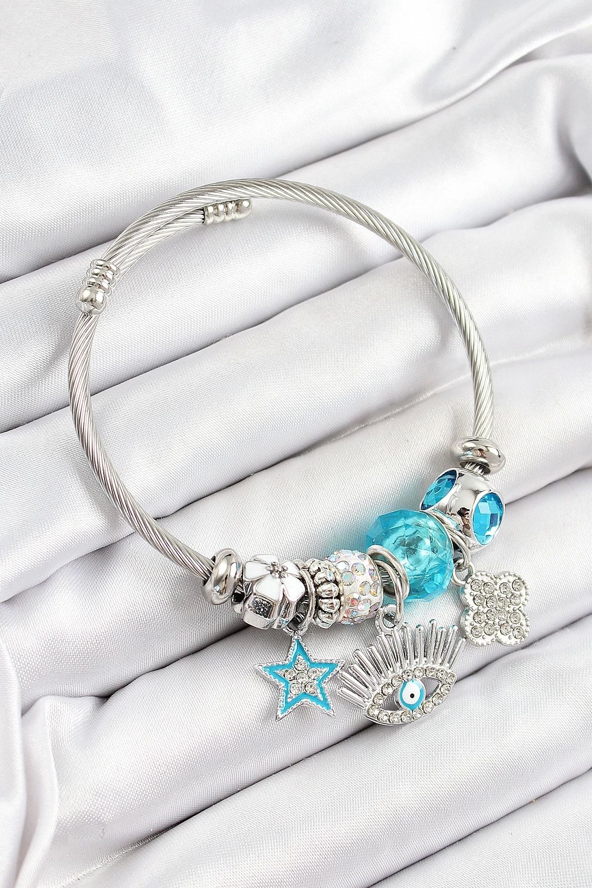 GLIMMERY 316L Çelik Mavi Zirkon Taşlı Yıldız Göz Ve Yonca Model Gümüş Renk Charm Bileklik