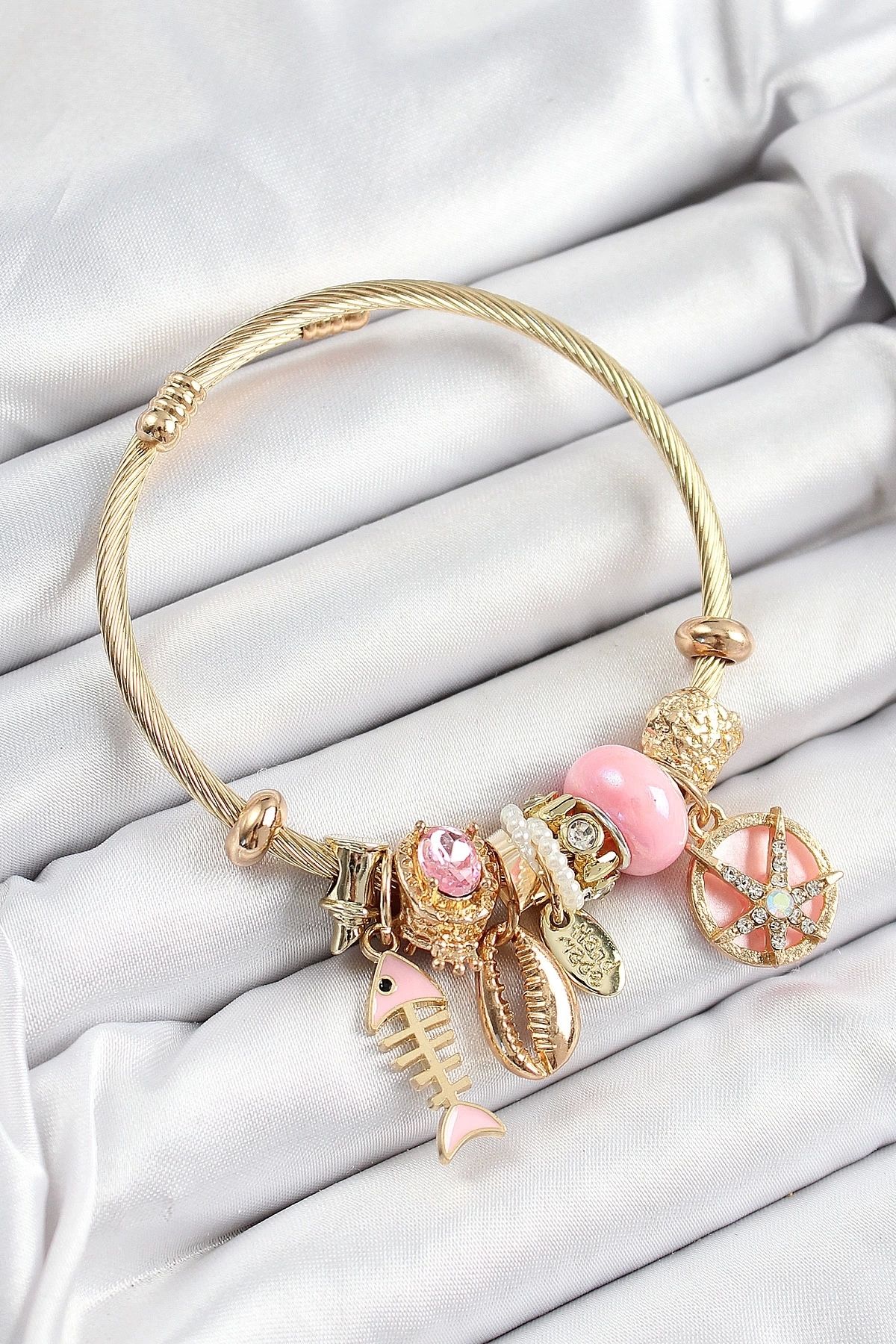 GLIMMERY 316L Çelik Pembe Zirkon Taşlı Balık Deniz Kabuğu Ve Deniz Yıldızı Model Gold Renk Charm Bileklik