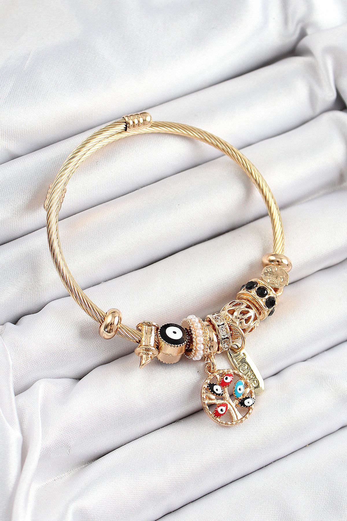 Clariss 316L Çelik Siyah Nazarlı Zirkon Taşlı İnci Detaylı Hayat Ağacı Model Gold Renk Charm Bileklik