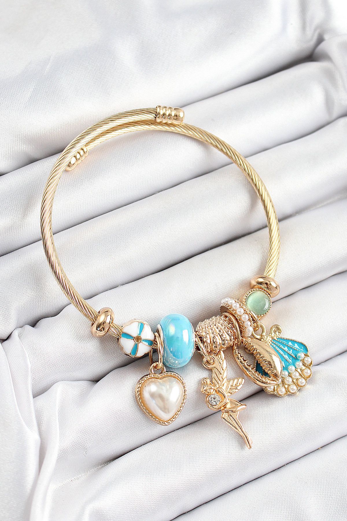 Clariss 316L Çelik Mavi Zirkon Taşlı Yıldız Melek İstiridye Ve Kalp Model Gold Renk Charm Bileklik