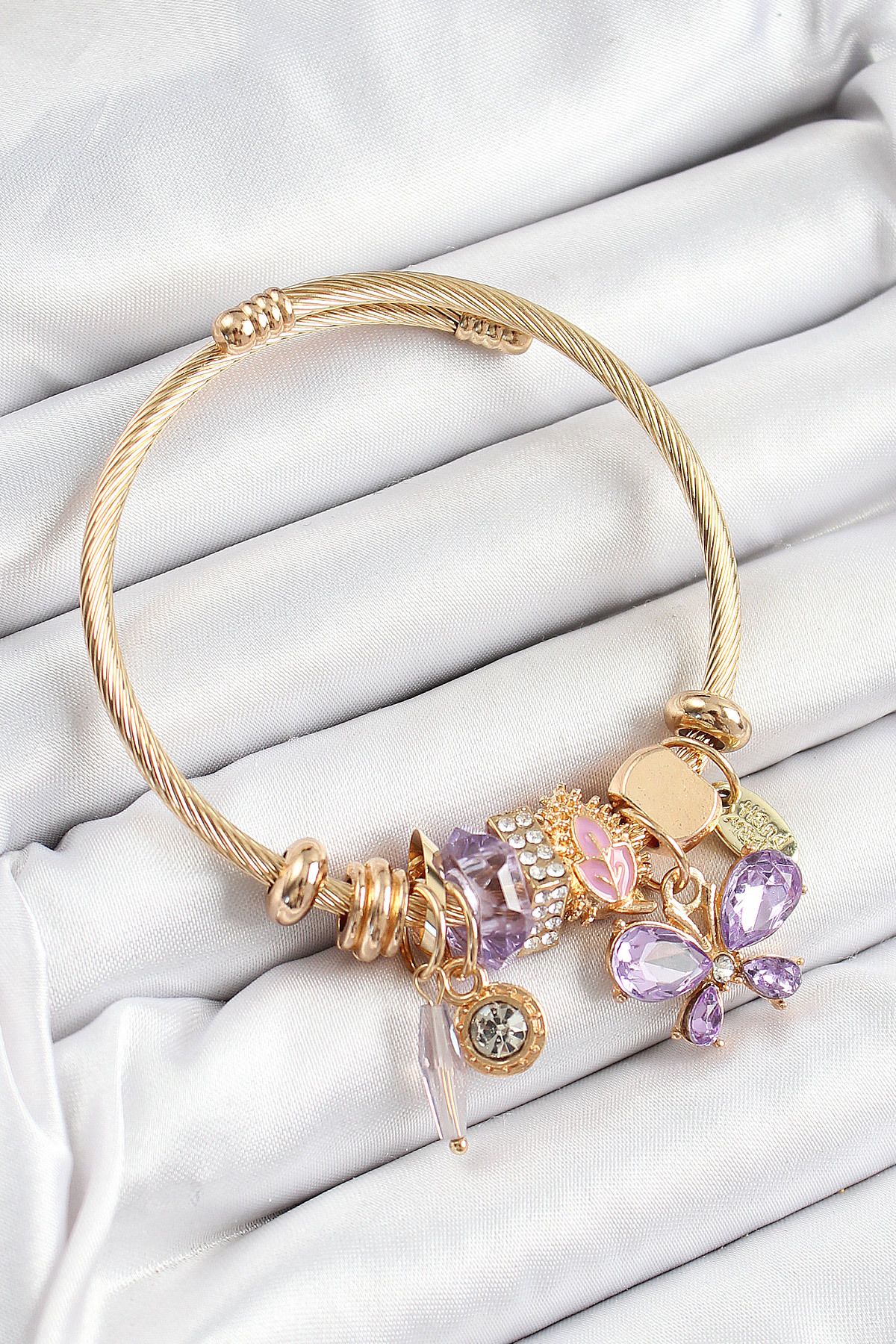 Clariss 316L Çelik Mor Zirkon Taşlı Kelebek Model Gold Renk Charm Bileklik