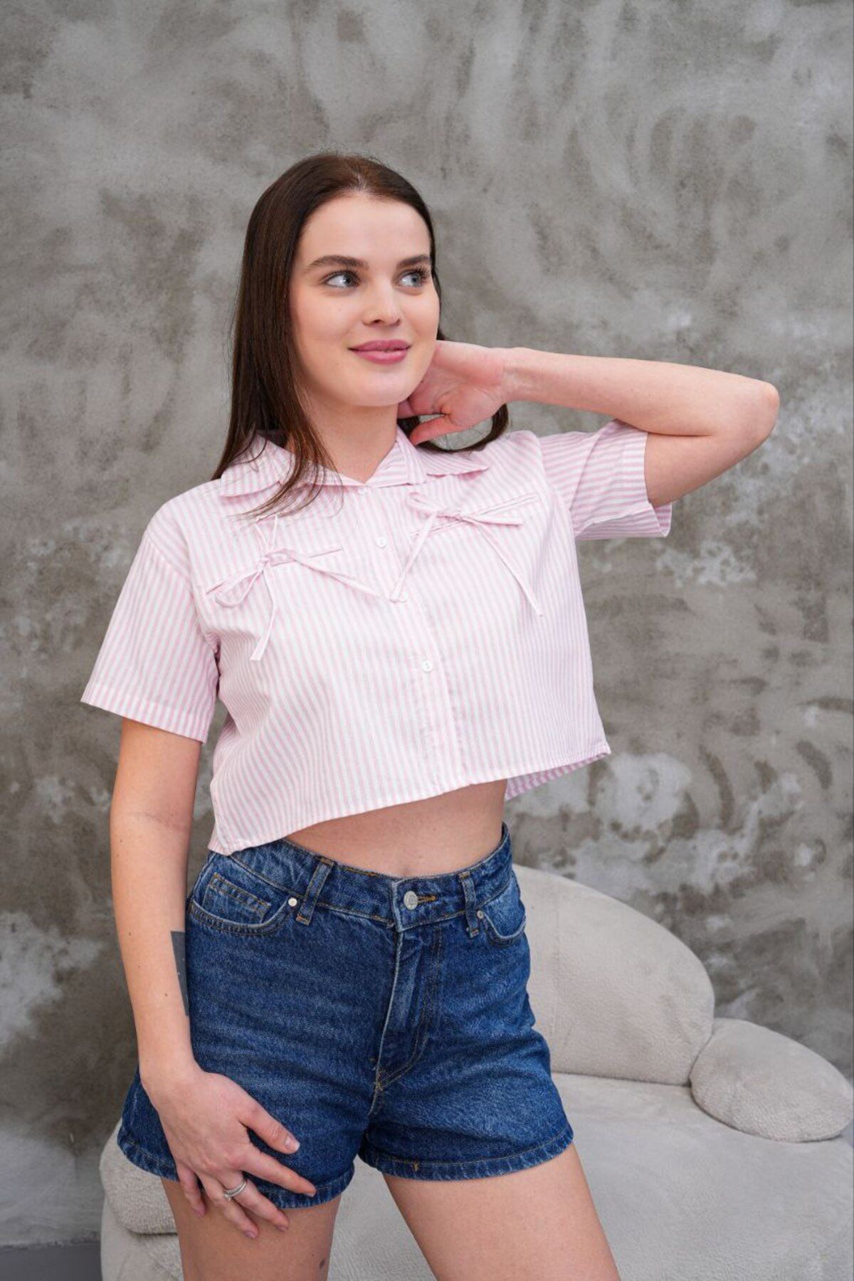 Wishatelier Çizgili Crop Gömlek